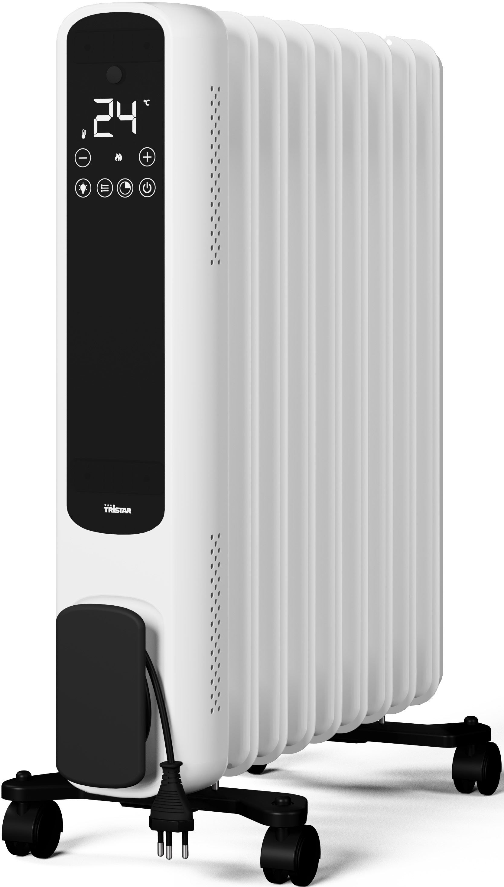 Weißer Ölradiator mit Digitalanzeige, die 24 Grad anzeigt. Er hat schwarze Akzente, Räder und ein Netzkabel.