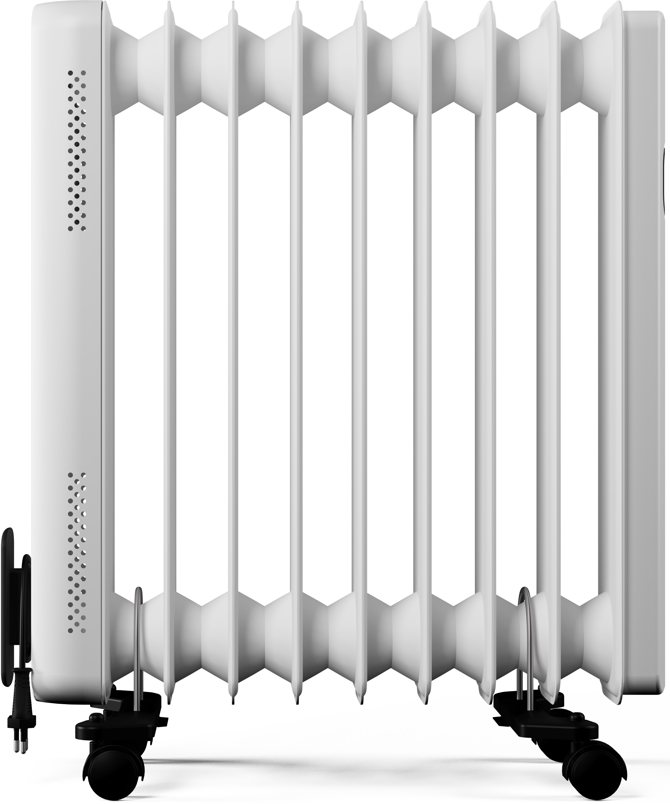 Ein weißer Ölradiator mit schwarzen Rädern und Netzkabel. Es hat vertikale Lamellen und ein Bedienfeld.