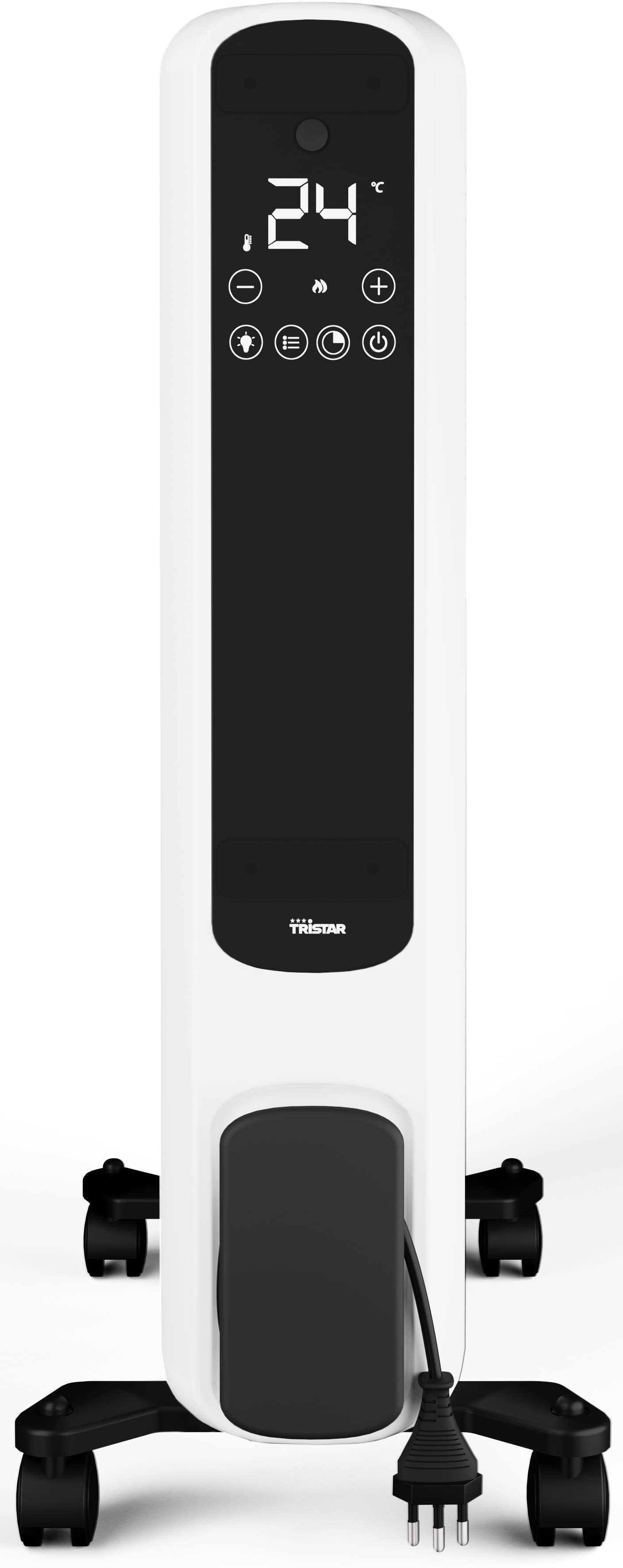 Ein weißer elektrischer Tristar-Heizkörper mit Digitalanzeige, die 24 Grad anzeigt. Er hat schwarze Räder und ein Netzkabel.