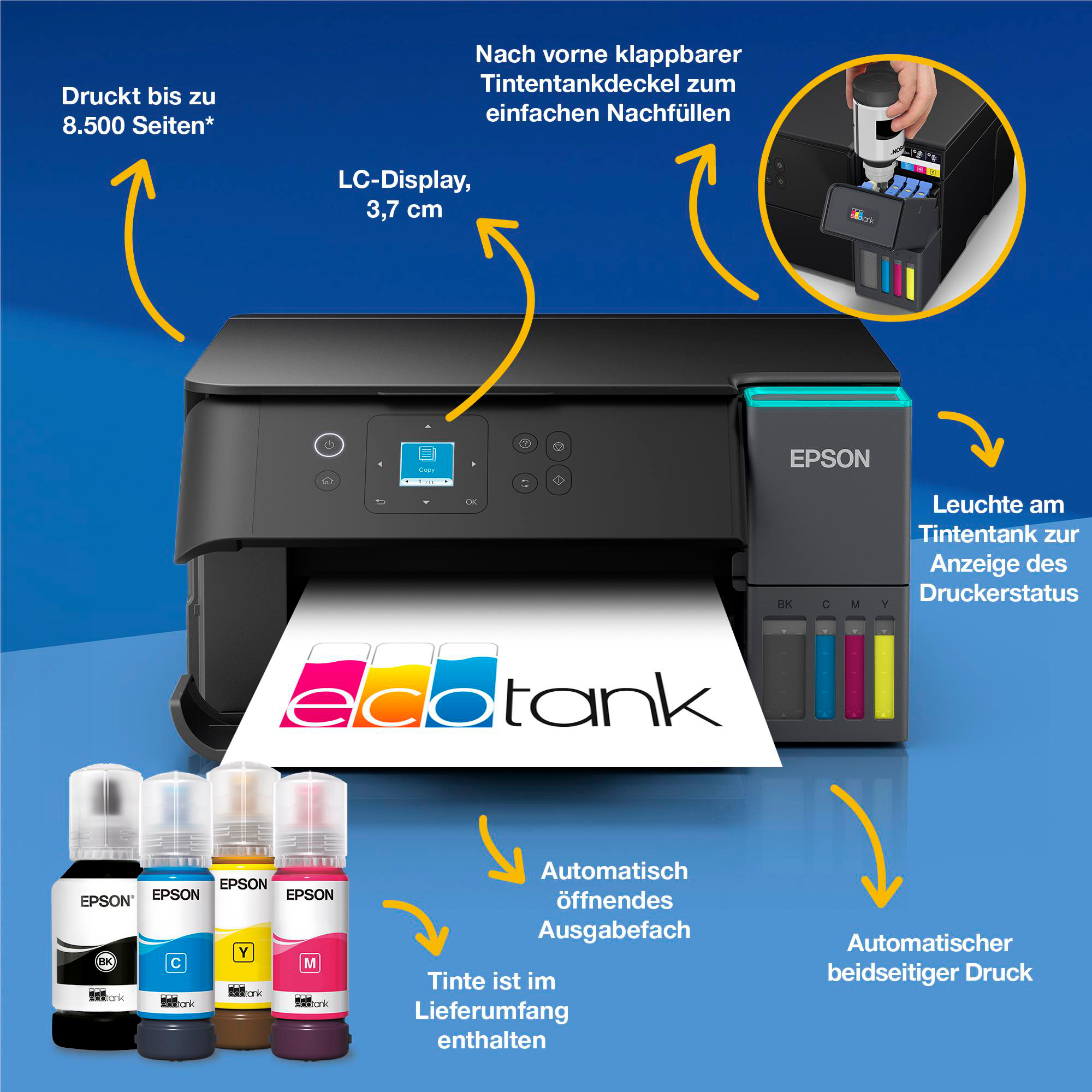 Ein Epson-Drucker mit Tintenflaschen. Zu den Merkmalen gehören ein LCD-Display, ein Tintentank und automatischer Duplexdruck.