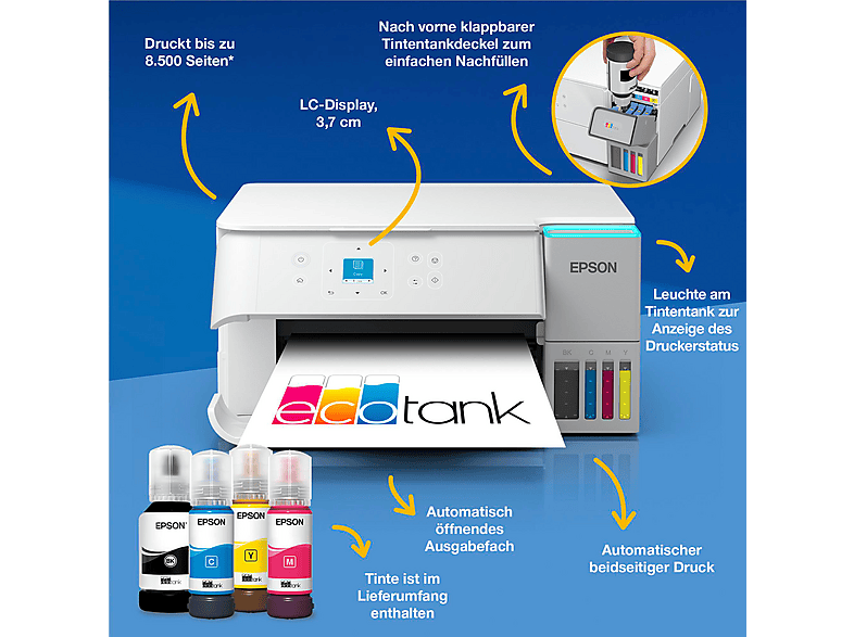 EPSON EcoTank ET-2956, Nachfüllbarer, 3-in-1 Tintentankdrucker inkl. Tinte, Duplex, WiFi, Apple AirPrint, Epson SmartPanel App, Multifunktionsdrucker