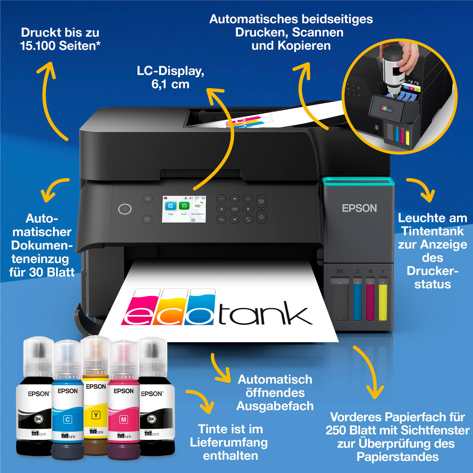 Ein Epson-Drucker mit Tintenflaschen, Display und Papierfach. Er hat einen blauen Hintergrund mit Text.