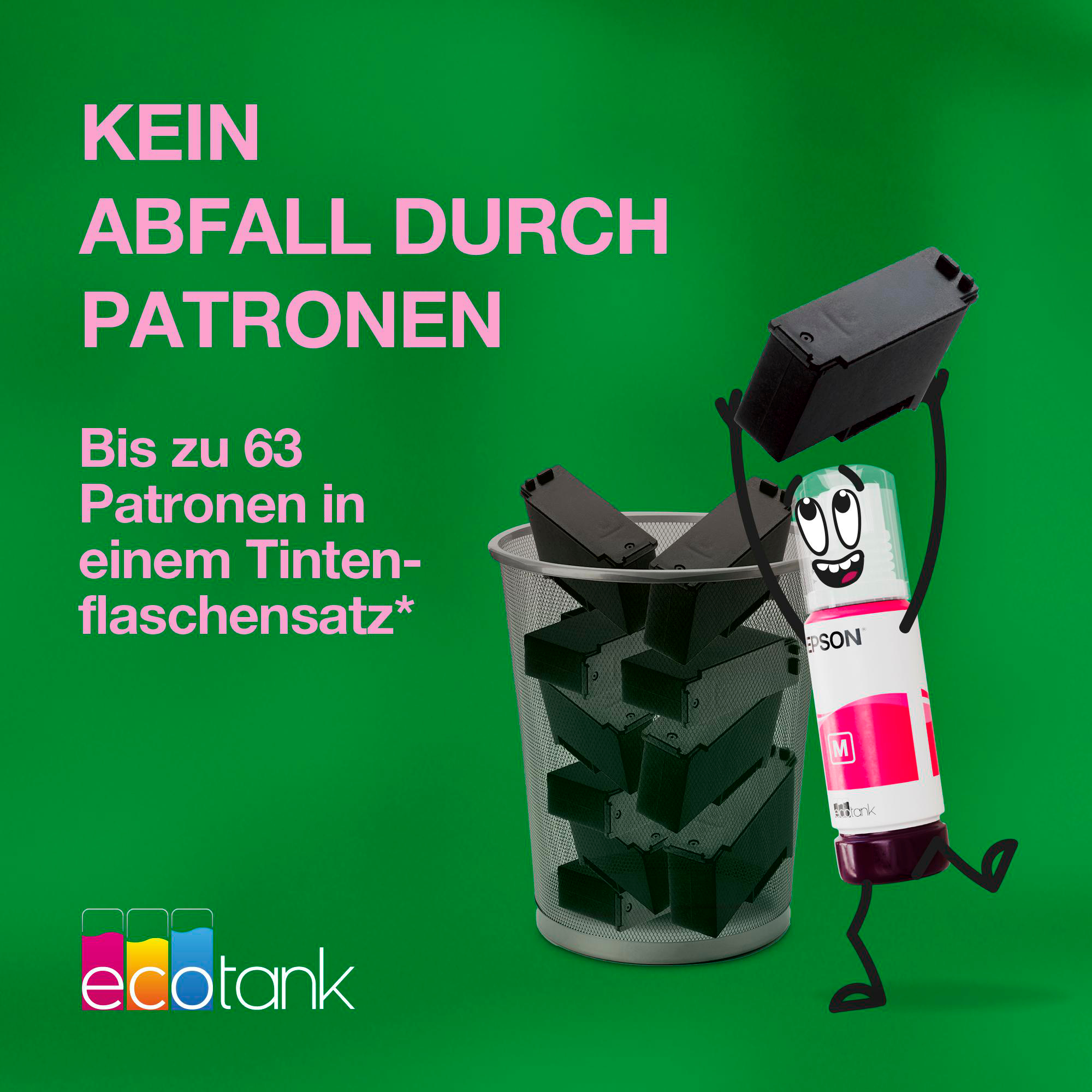 Ein Epson-Tintenflaschen-Charakter hält eine Tintenpatrone über einem Mülleimer voller Patronen, mit grünem Hintergrund.