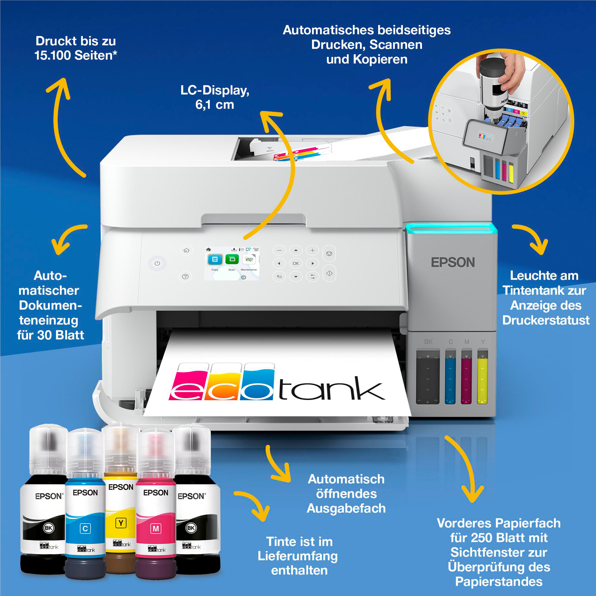 Epson-Drucker mit Tintenflaschen. Merkmale umfassen ein Display, einen Dokumenteneinzug und einen Tintentank. Der Drucker ist weiß und blau.