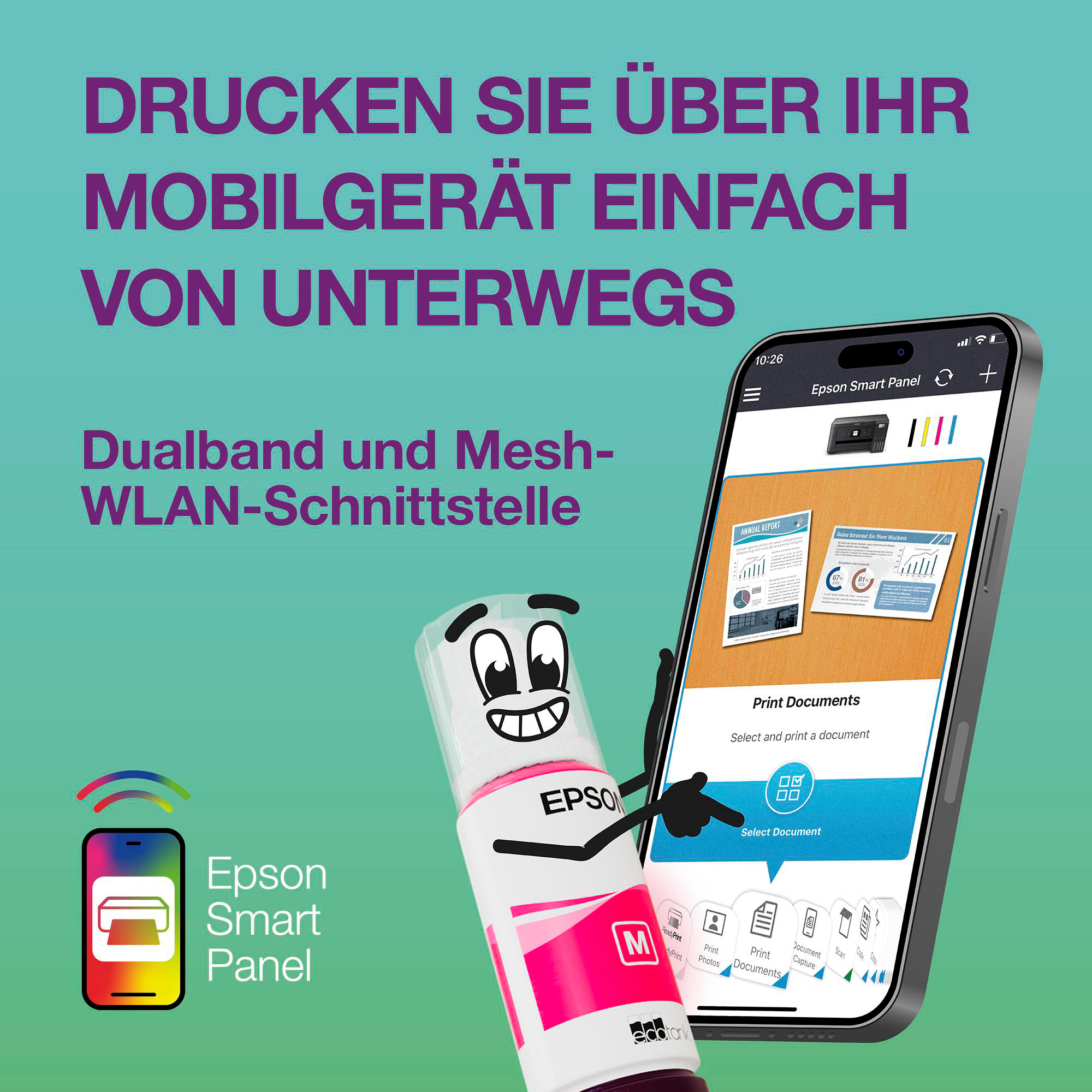 Eine Epson Smart Panel App auf einem Telefon, die Druckoptionen anzeigt. Eine Cartoon-Tintenflasche zeigt auf das Telefon.
