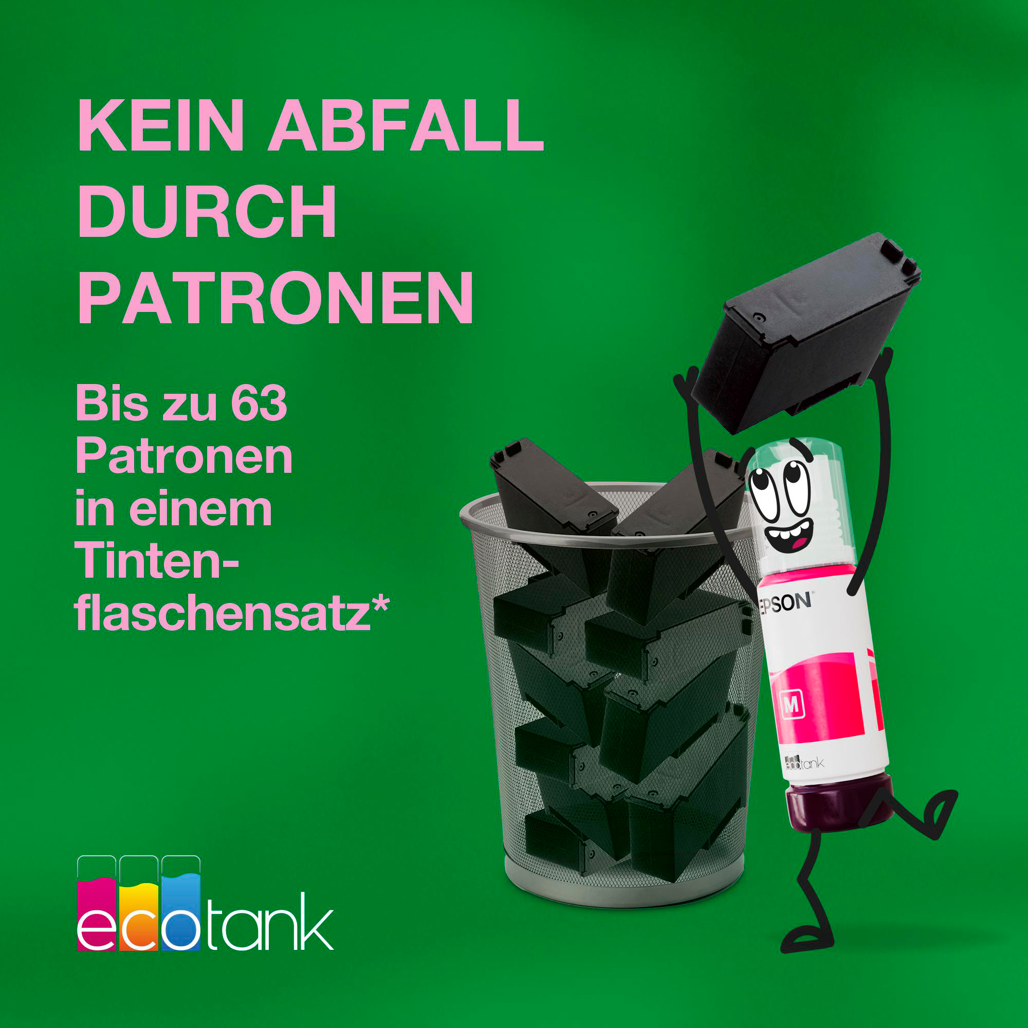 Eine Epson-Tintenflaschen-Figur mit Tintenpatronen, einem Mülleimer und Text auf grünem Hintergrund, der Epson Ecotank bewirbt.