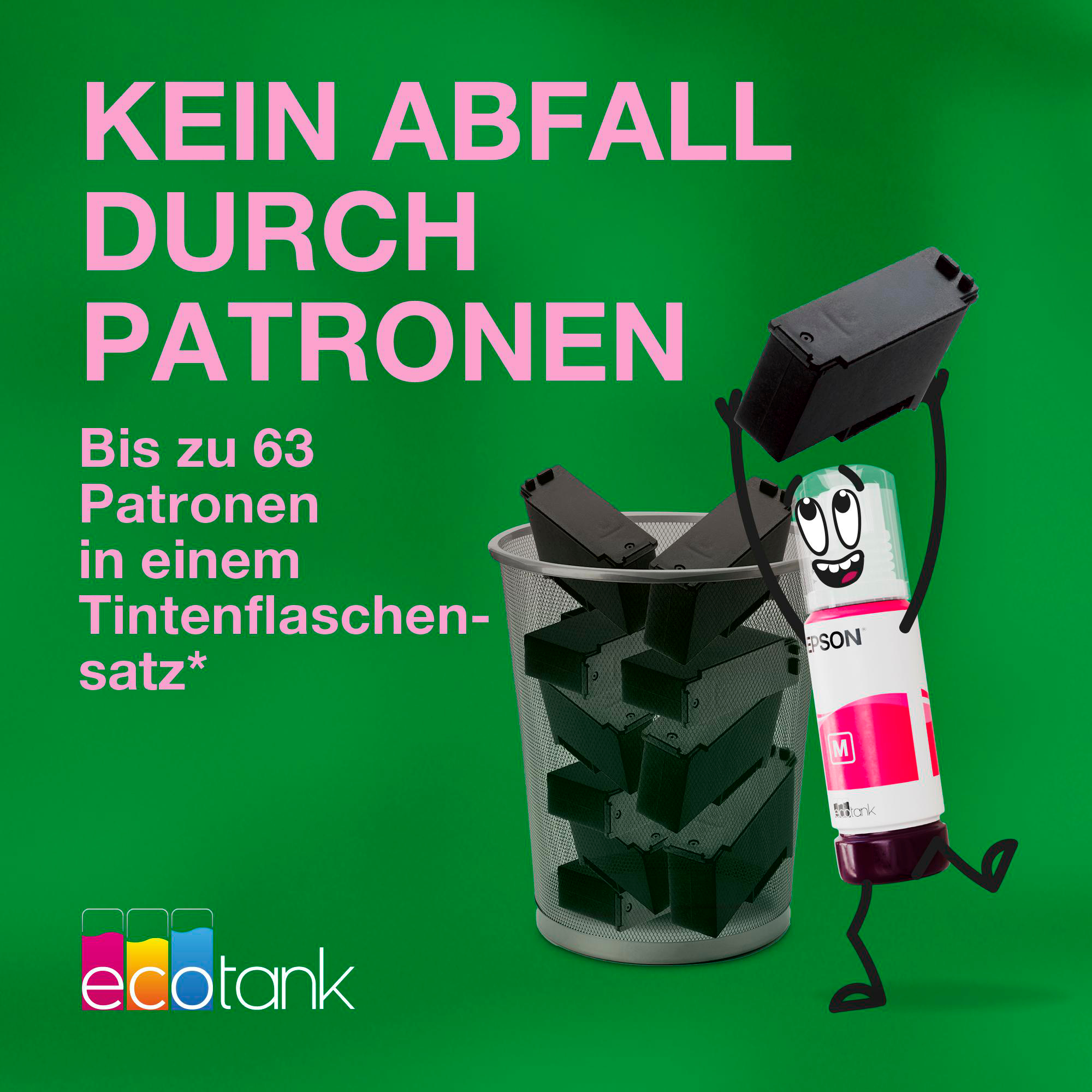 Eine Epson-Tintenflasche hält Tintenpatronen. Ein Mülleimer ist voller Patronen. Text: Kein Abfall durch Patronen.