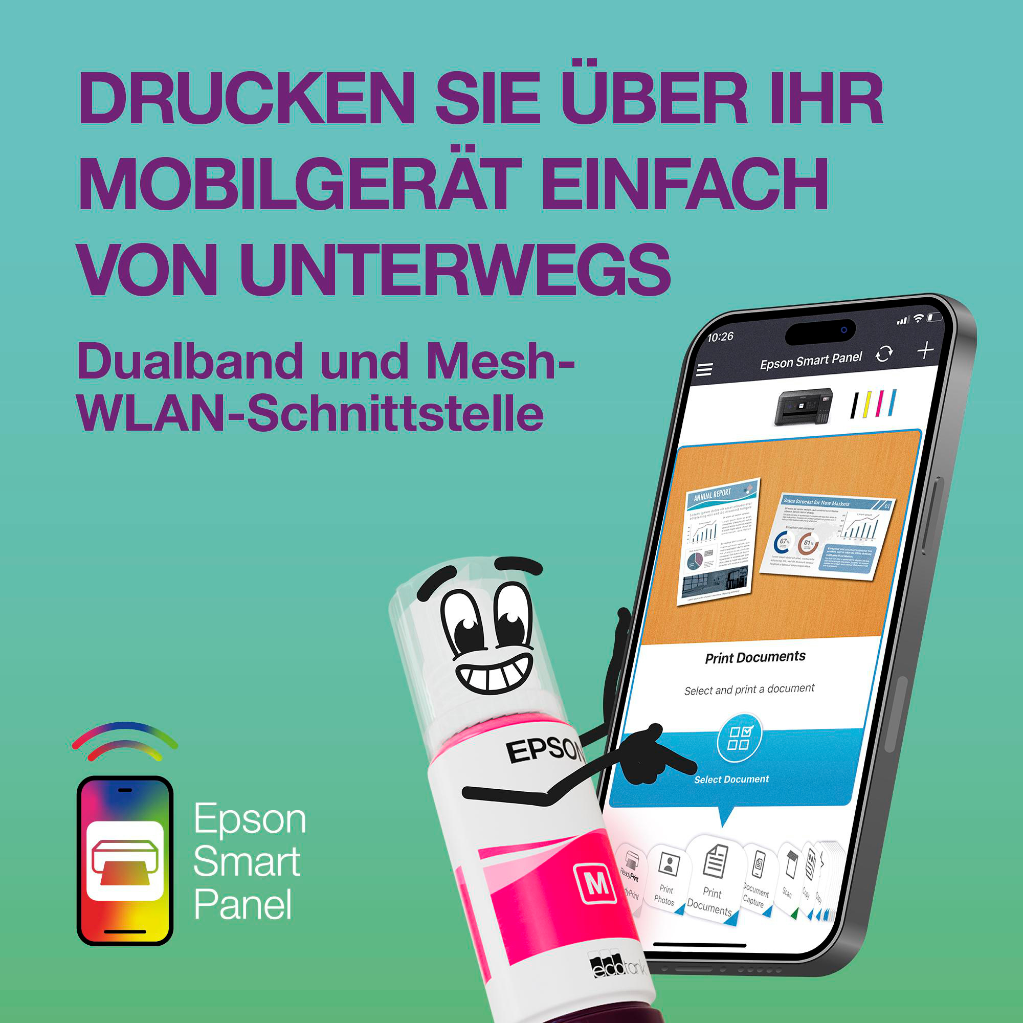 Eine Epson Smart Panel App auf einem Telefon zeigt Druckoptionen. Eine Cartoon-Tintenflasche zeigt auf das Telefon.
