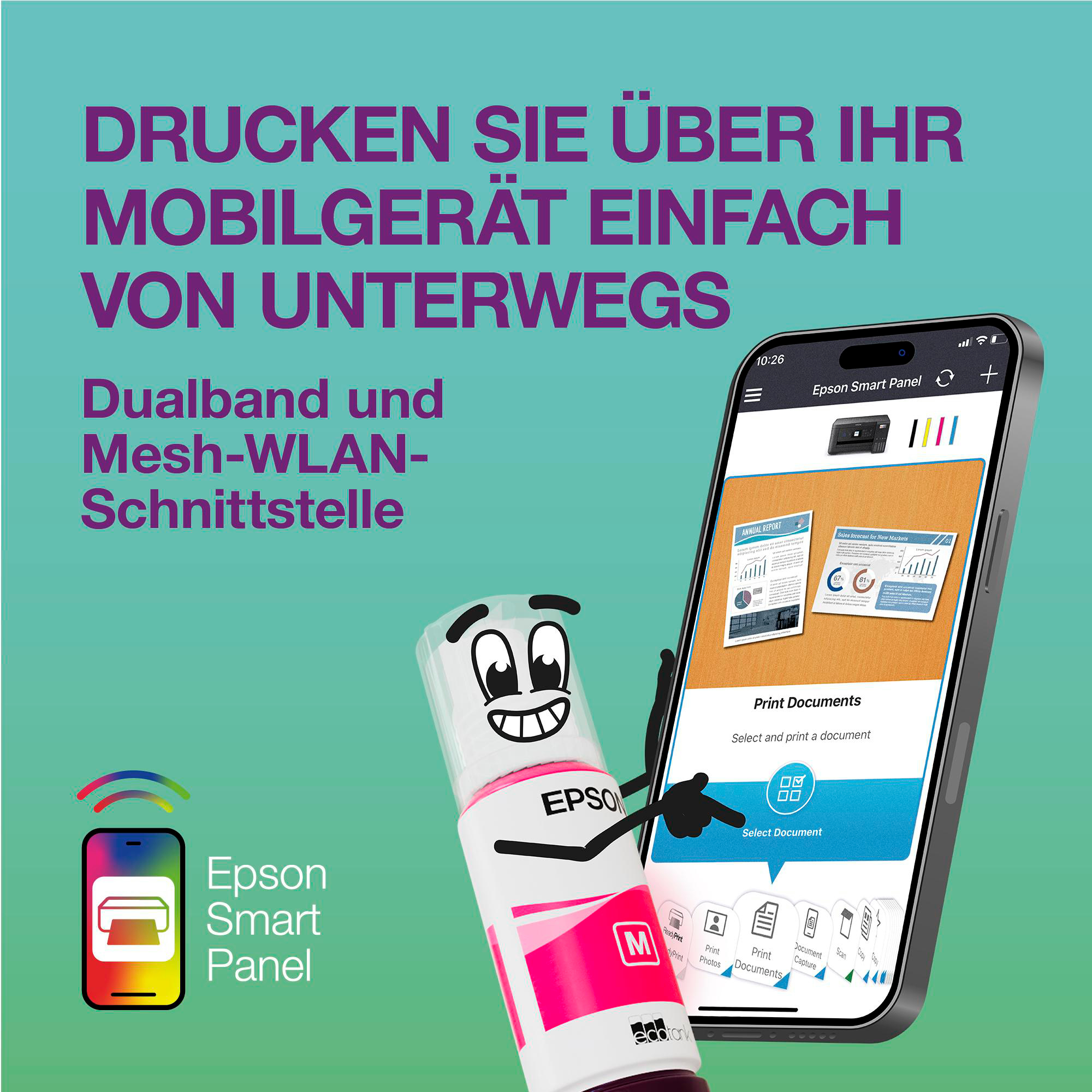 Eine Epson-Tintenflasche mit Gesicht zeigt auf ein Telefon mit Druckoptionen. Text: Einfaches Drucken vom Mobilgerät.