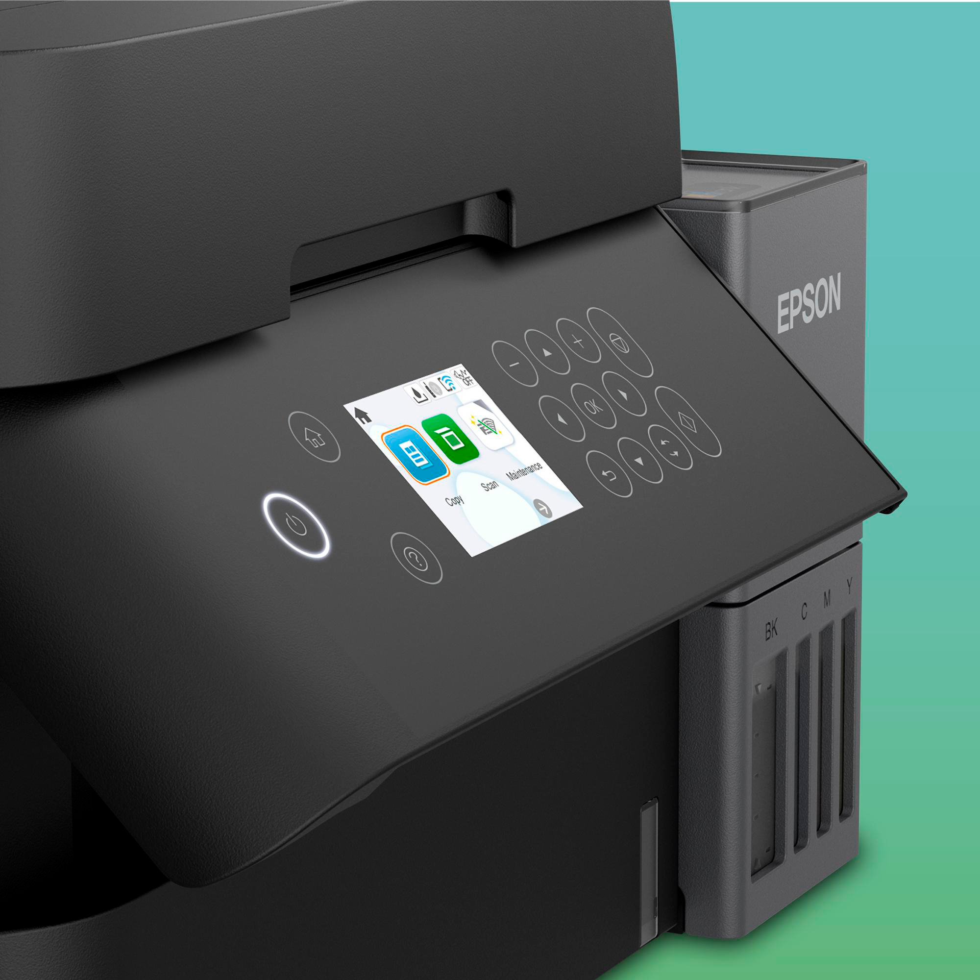 Ein schwarzer Epson-Drucker mit einem Bildschirm, der Optionen anzeigt. Tasten und Tintenstände sind sichtbar. Der Hintergrund ist türkis.