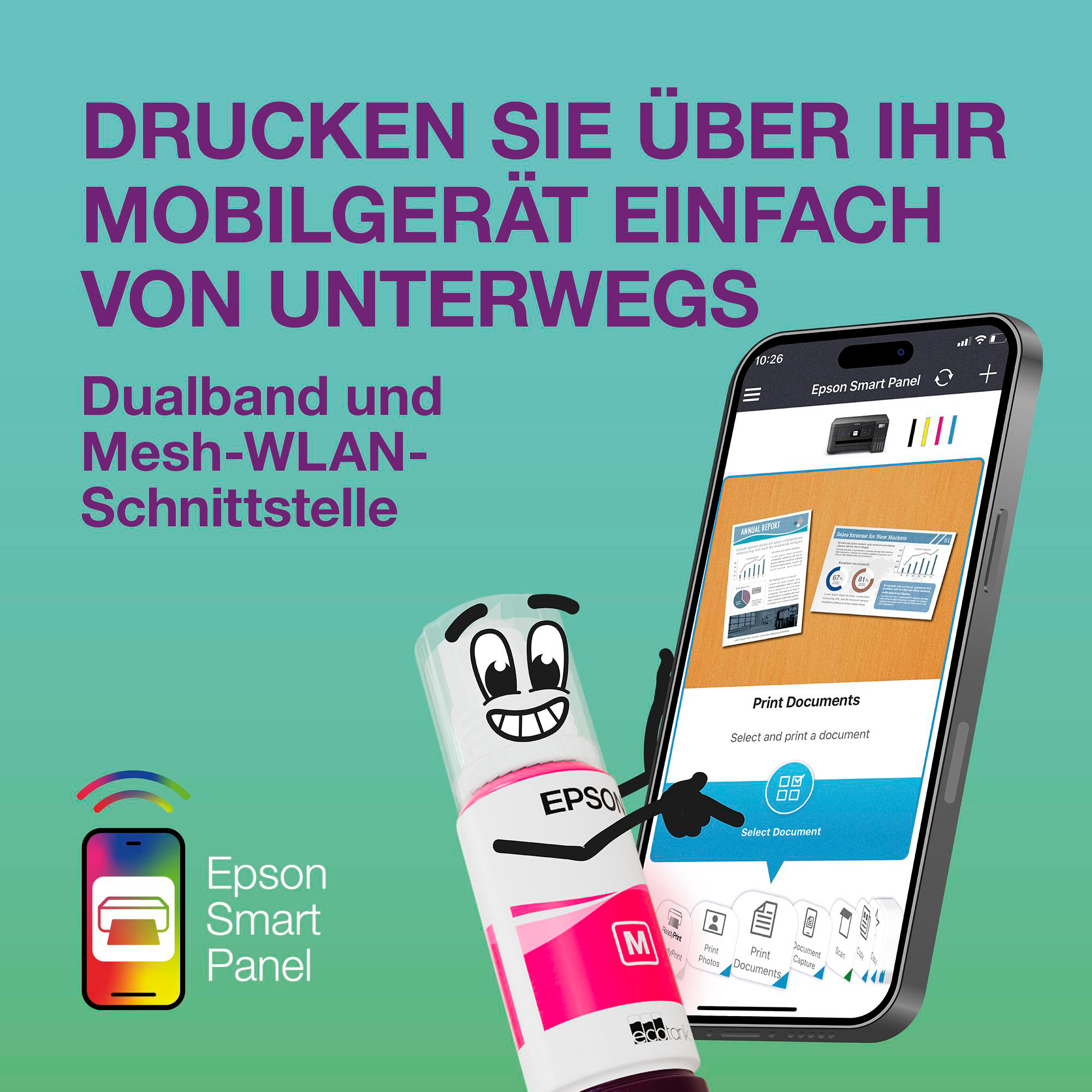 Eine Epson Smart Panel App auf einem Telefon zeigt Druckoptionen. Eine Tintenflaschenfigur zeigt auf den Bildschirm.