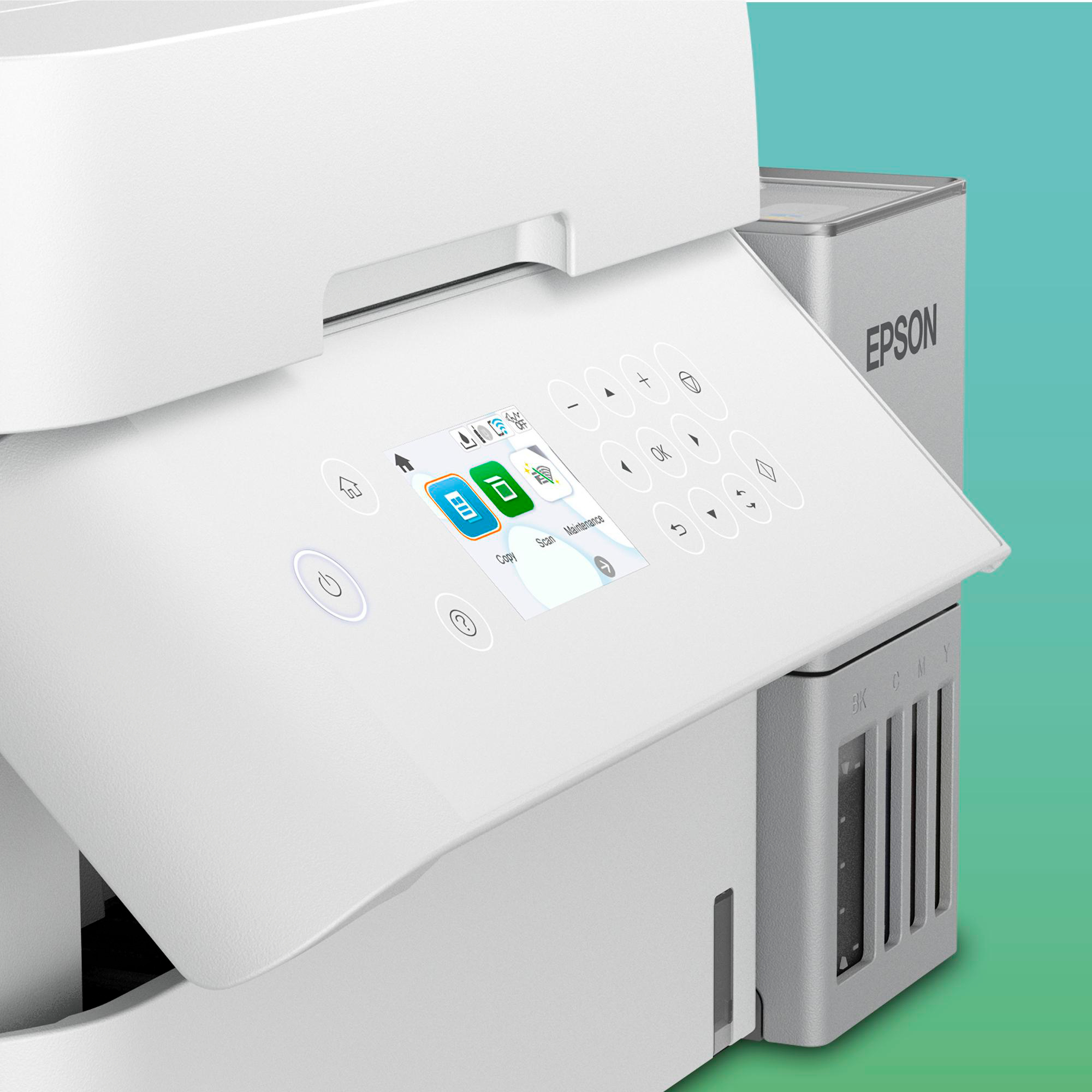 Ein weißer Epson-Drucker mit Bedienfeld. Das Panel hat Tasten und einen Bildschirm. Der Hintergrund ist türkis.