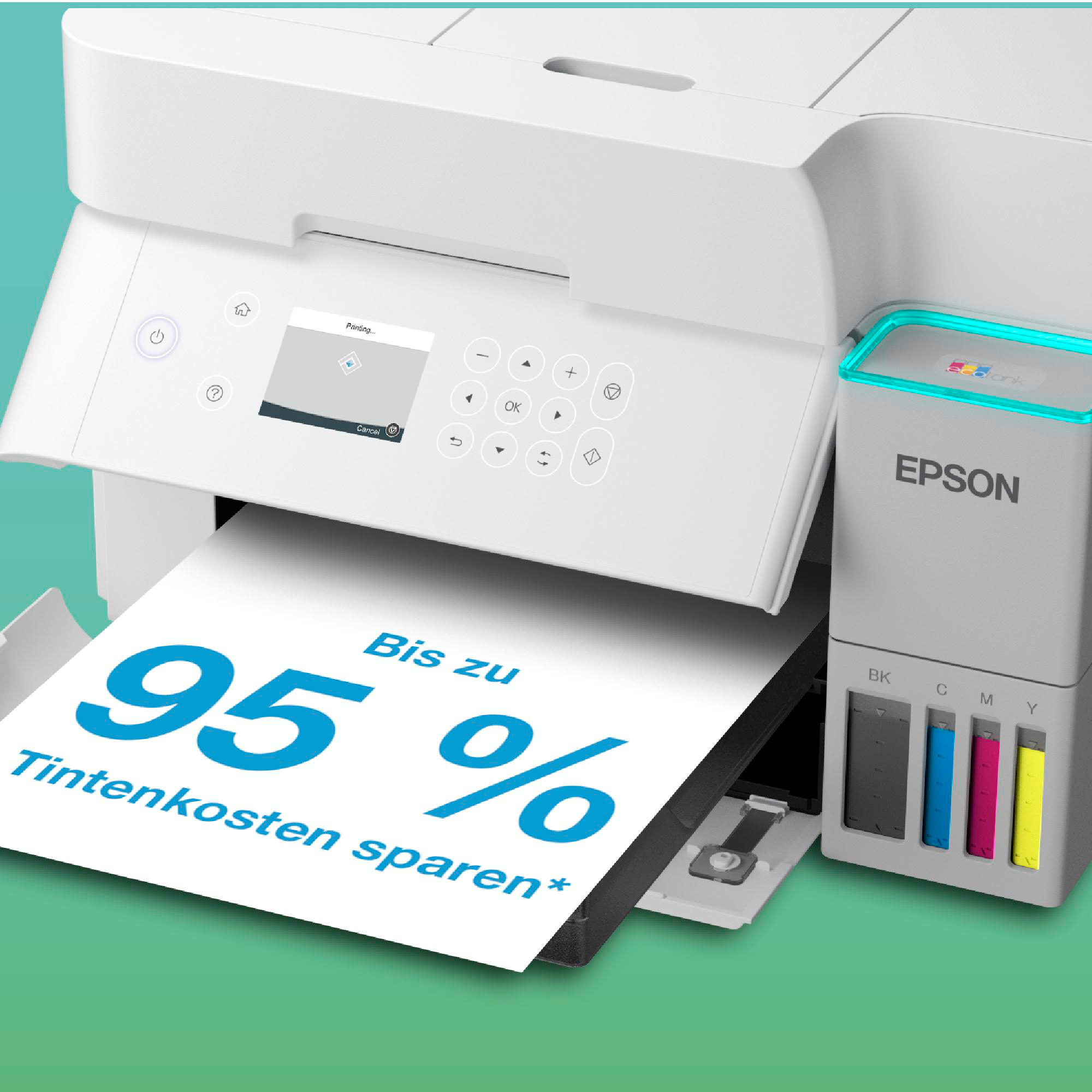 Ein Epson-Drucker druckt ein Papier mit '95%' und 'Tintenkosten sparen'. Der Drucker zeigt Tintenstände an.