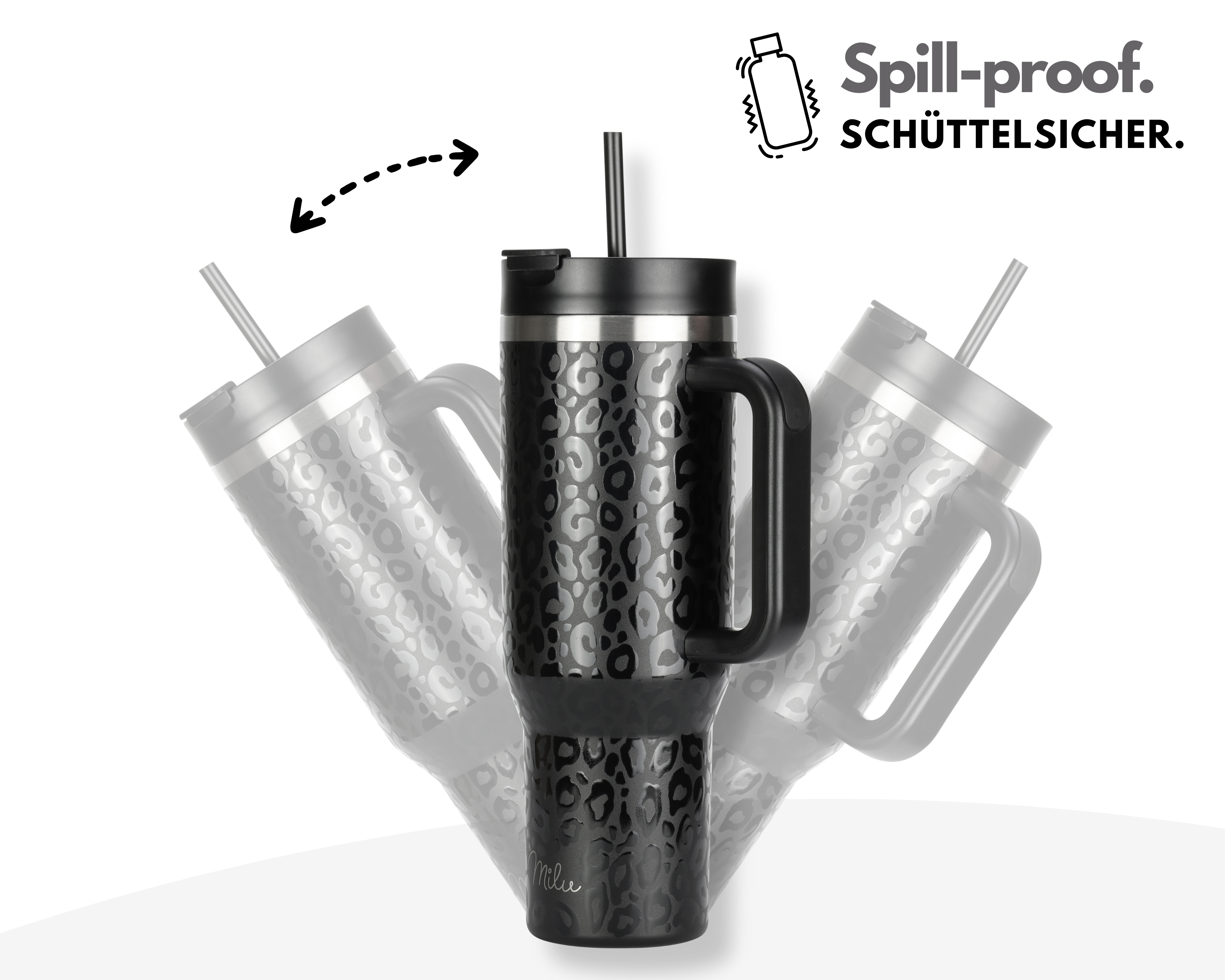 Ein schwarz-silberner Becher mit Griff und Leopardenmuster. Er hat einen Strohhalm und ist als auslaufsicher gekennzeichnet.