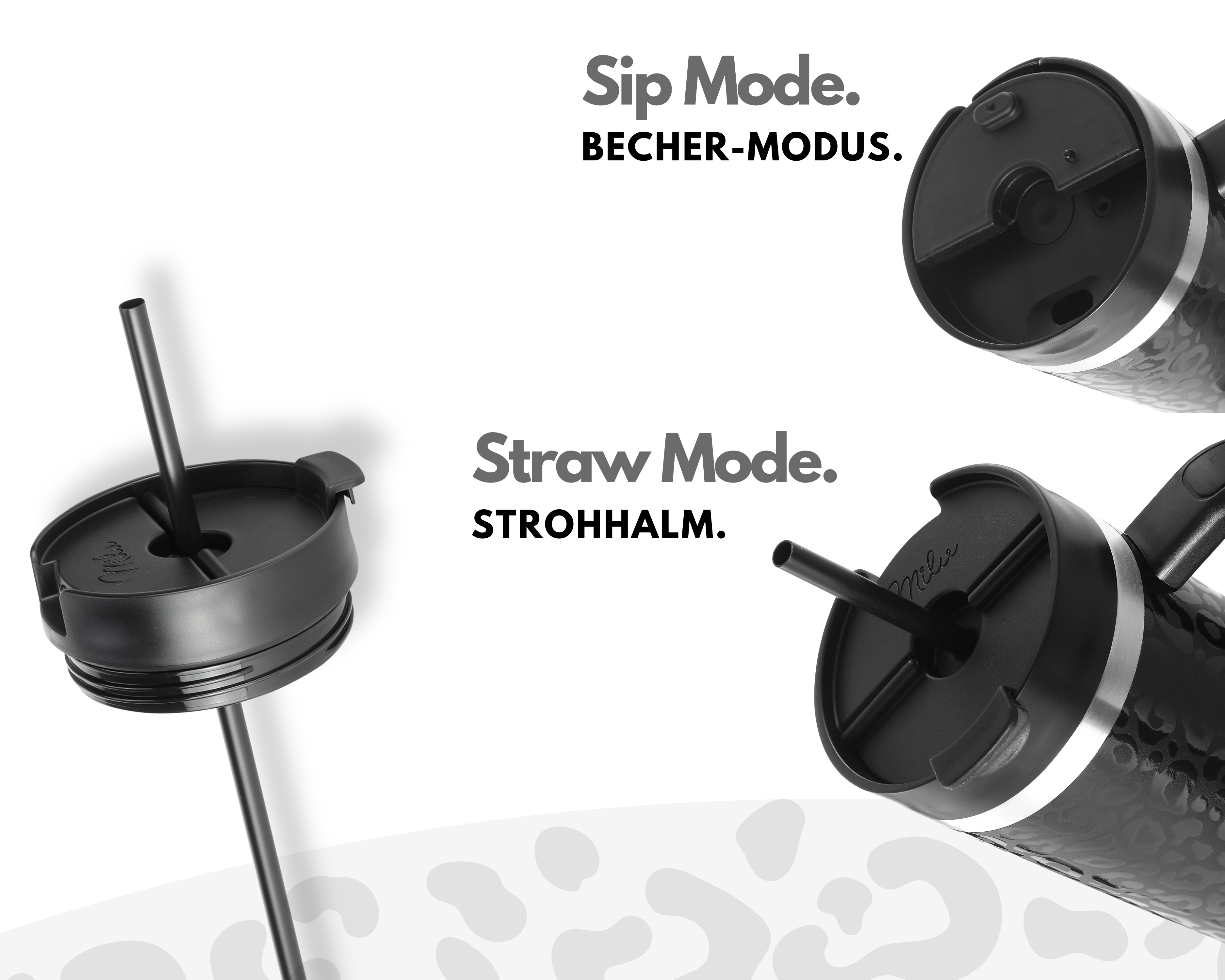 Schwarzer Becher mit Strohhalm. Zeigt 'Sip Mode' und 'Straw Mode'.