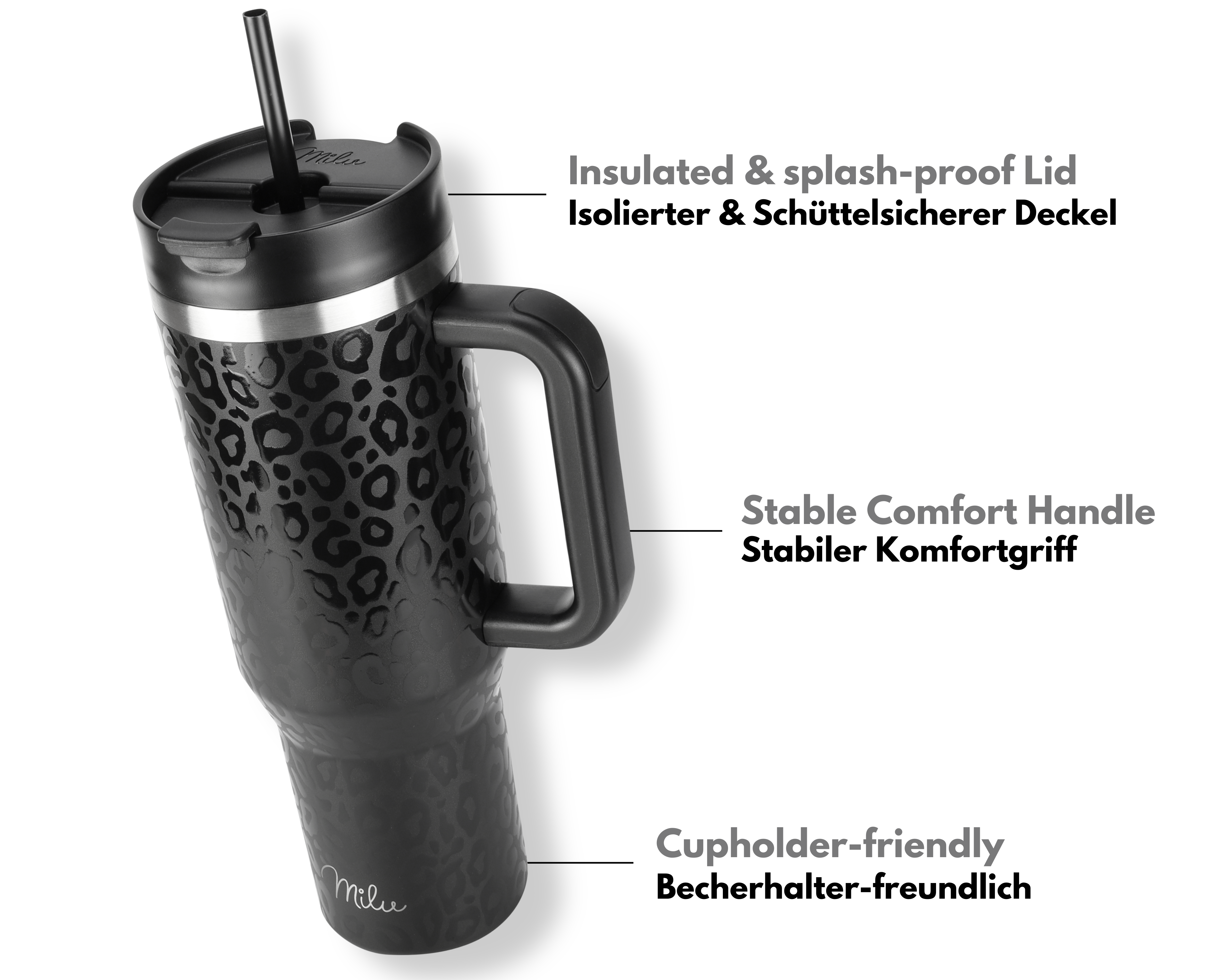 Ein schwarzer Becher mit Leopardenmuster, Griff, Strohhalm und Deckel. Text kennzeichnet die Merkmale.