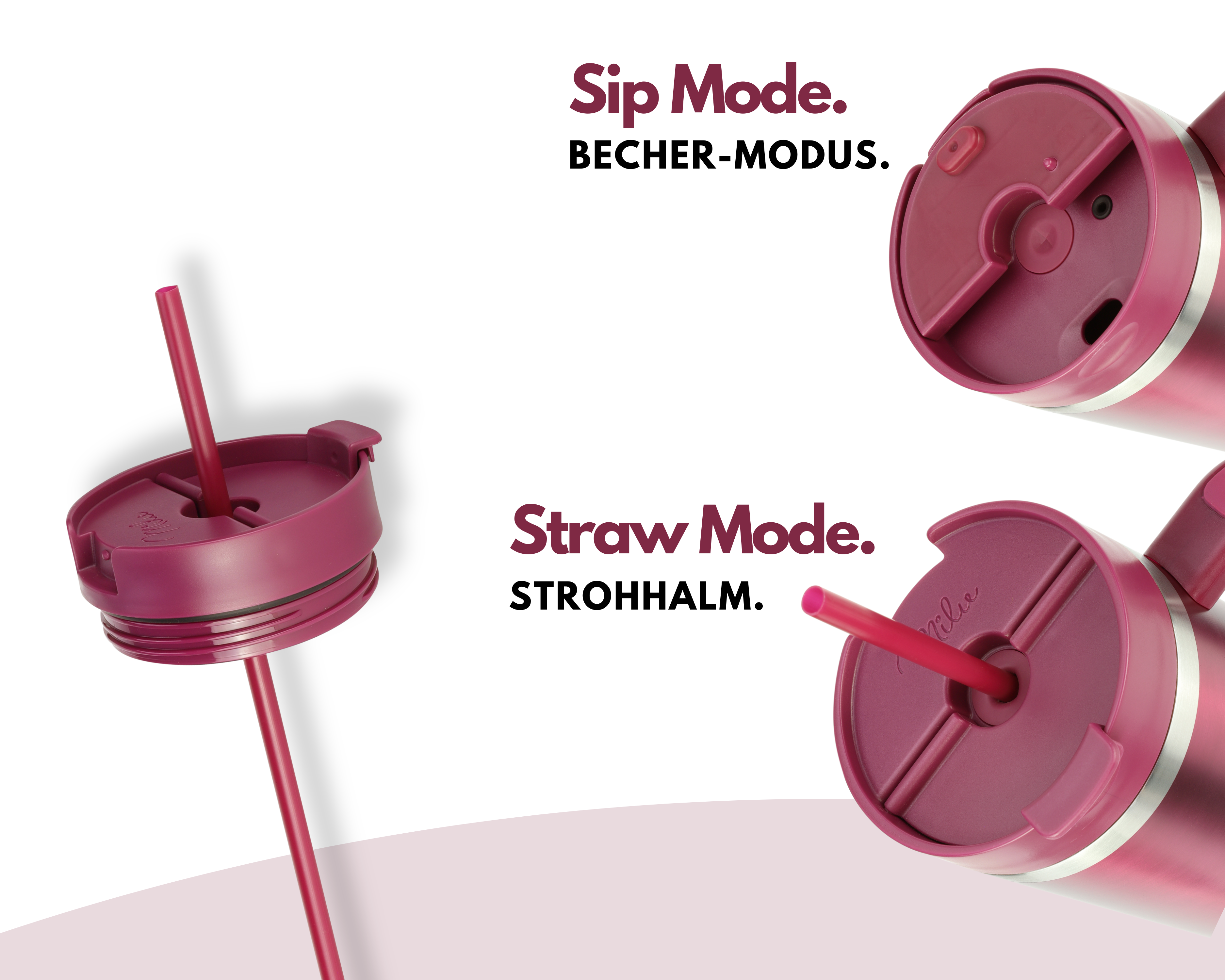 Das Bild zeigt drei Becher mit Deckel. Einer hat einen Strohhalm, die anderen sind offen. Text: 'Sip Mode' und 'Straw Mode'.