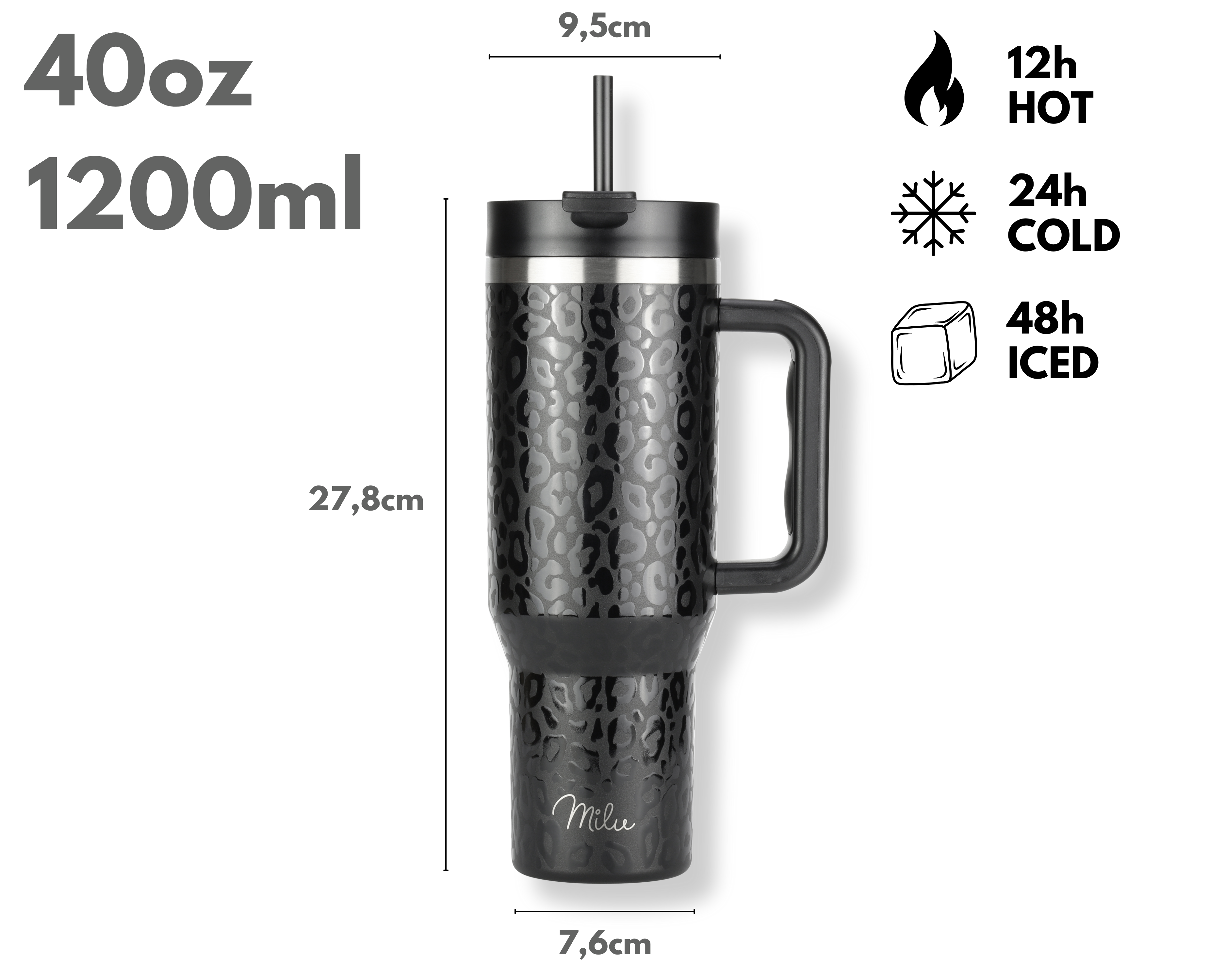 Schwarzer Becher mit Leopardenmuster, Griff und Strohhalm. Text: 40oz, 1200ml. Symbole für heiße, kalte und Eisdauern.