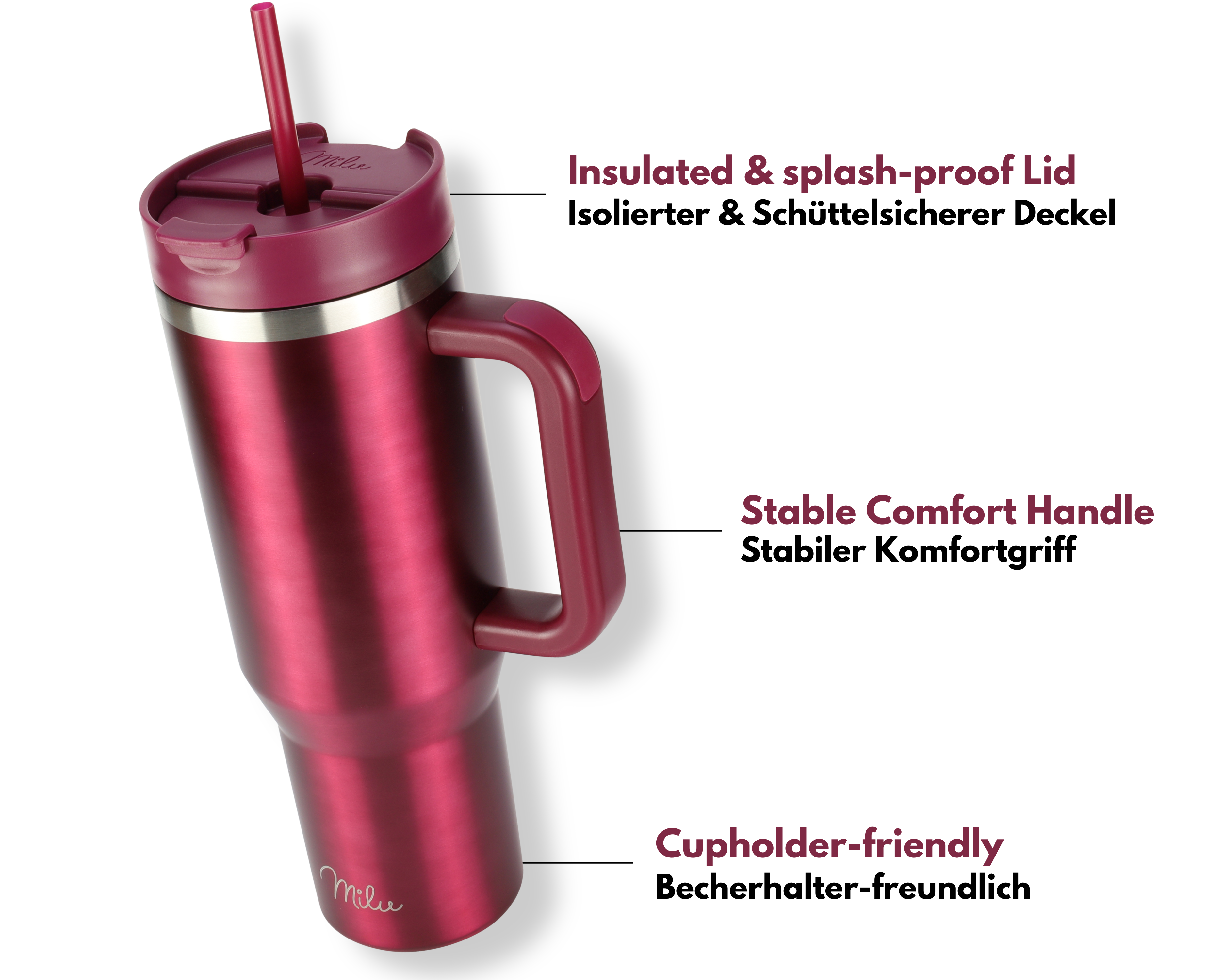 Ein roter, isolierter Becher mit Henkel, Strohhalm und Deckel, der mit Funktionen in Englisch und Deutsch beschriftet ist.