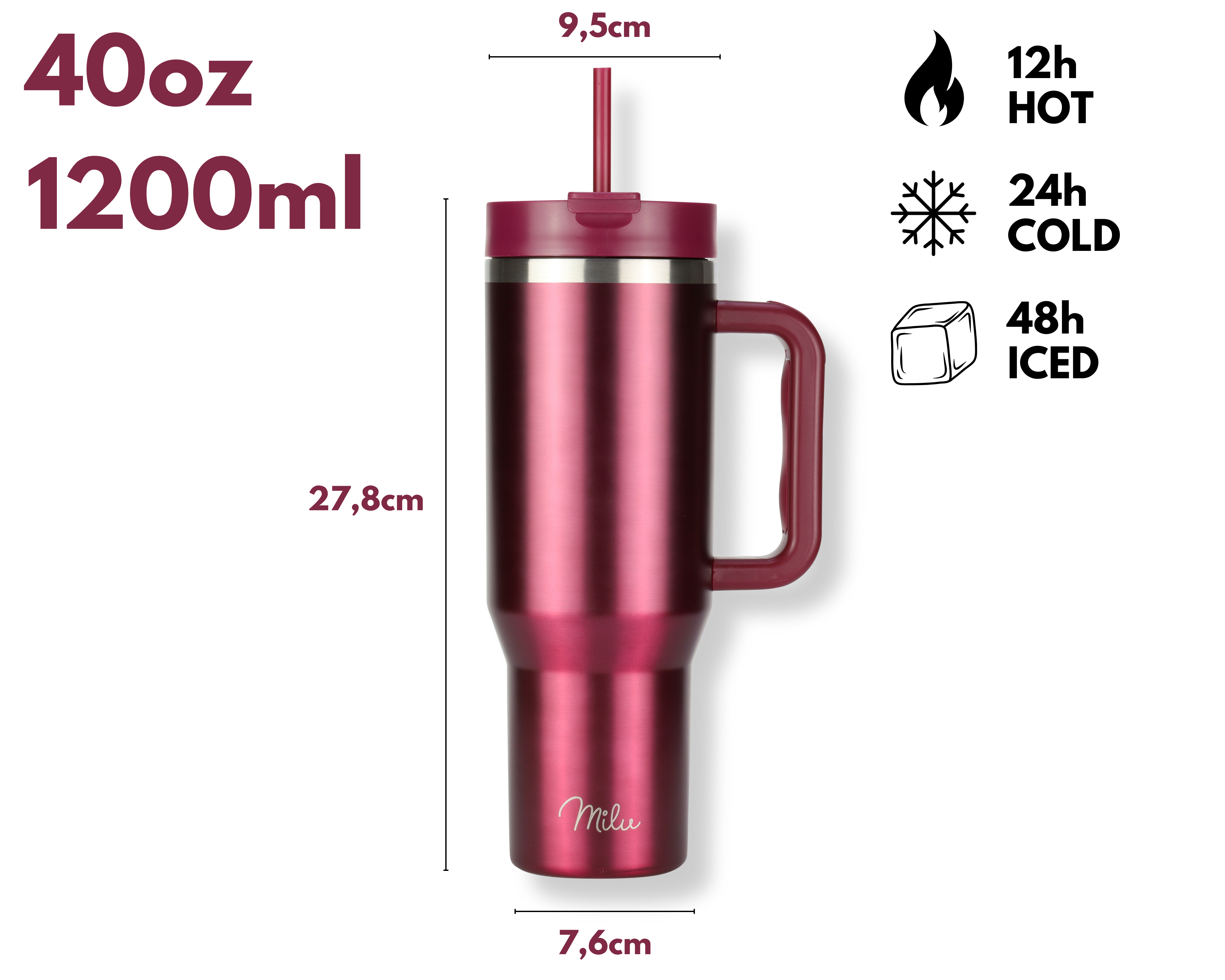 Ein roter 40oz 1200ml isolierter Becher mit Henkel, Strohhalm und Deckel. Hält Getränke 12h heiß, 24h kalt und 48h eisgekühlt.