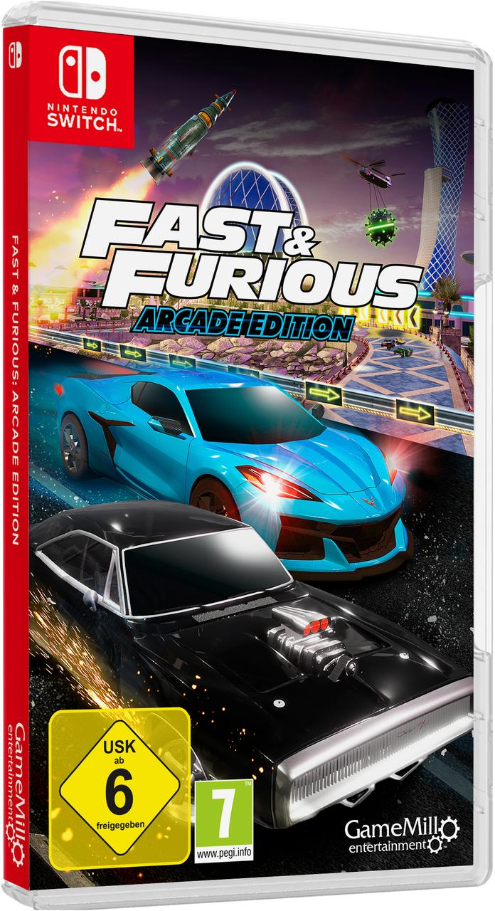 Spielbox-Art für Fast & Furious: Arcade Edition. Zeigt zwei Autos im Rennen, einen blauen Sportwagen und einen schwarzen Muscle-Car.