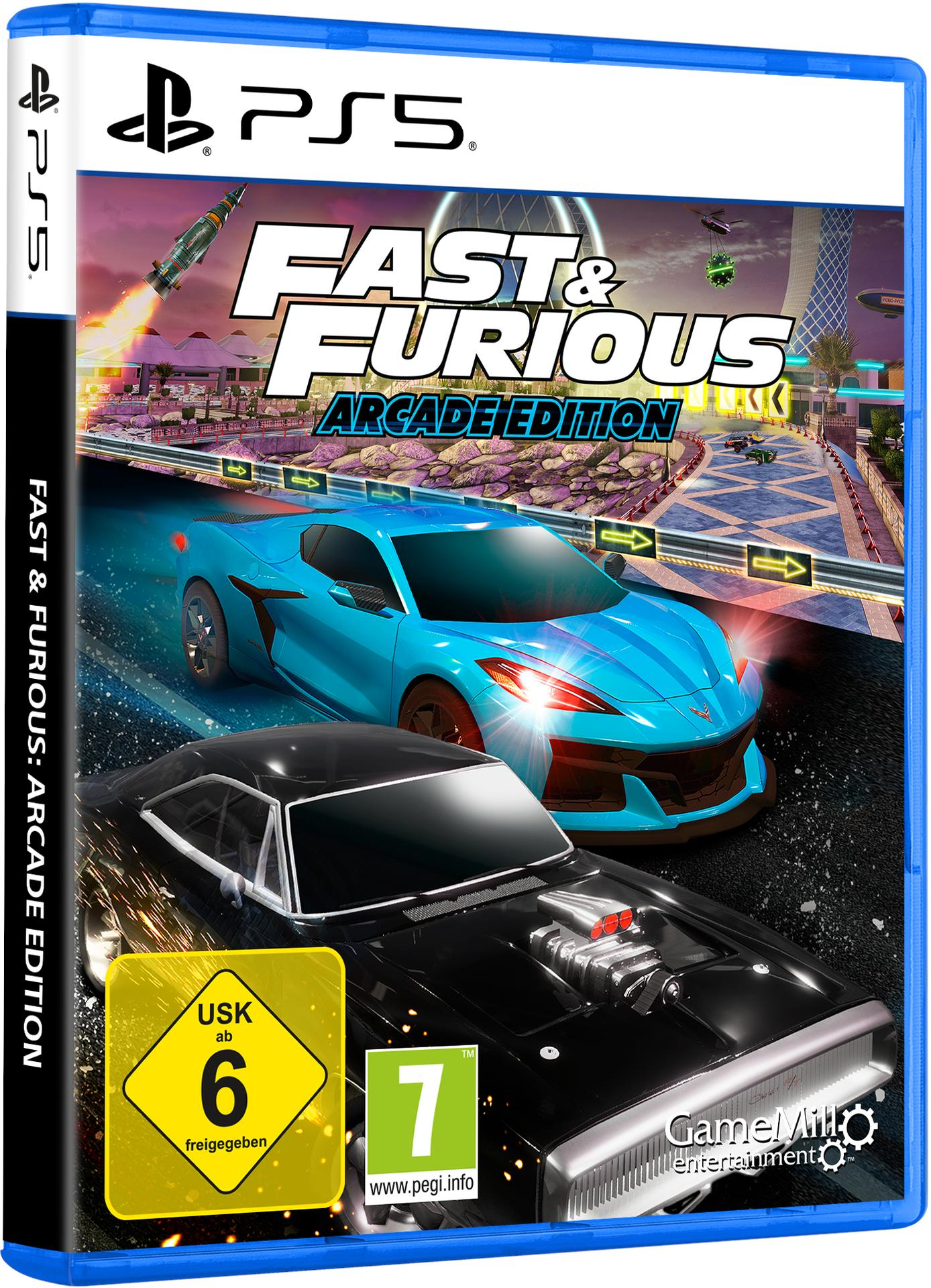 Spielecover für Fast & Furious: Arcade Edition. Zeigt zwei Autos, einen blauen Sportwagen und einen schwarzen Muscle-Car, auf einer Rennstrecke.