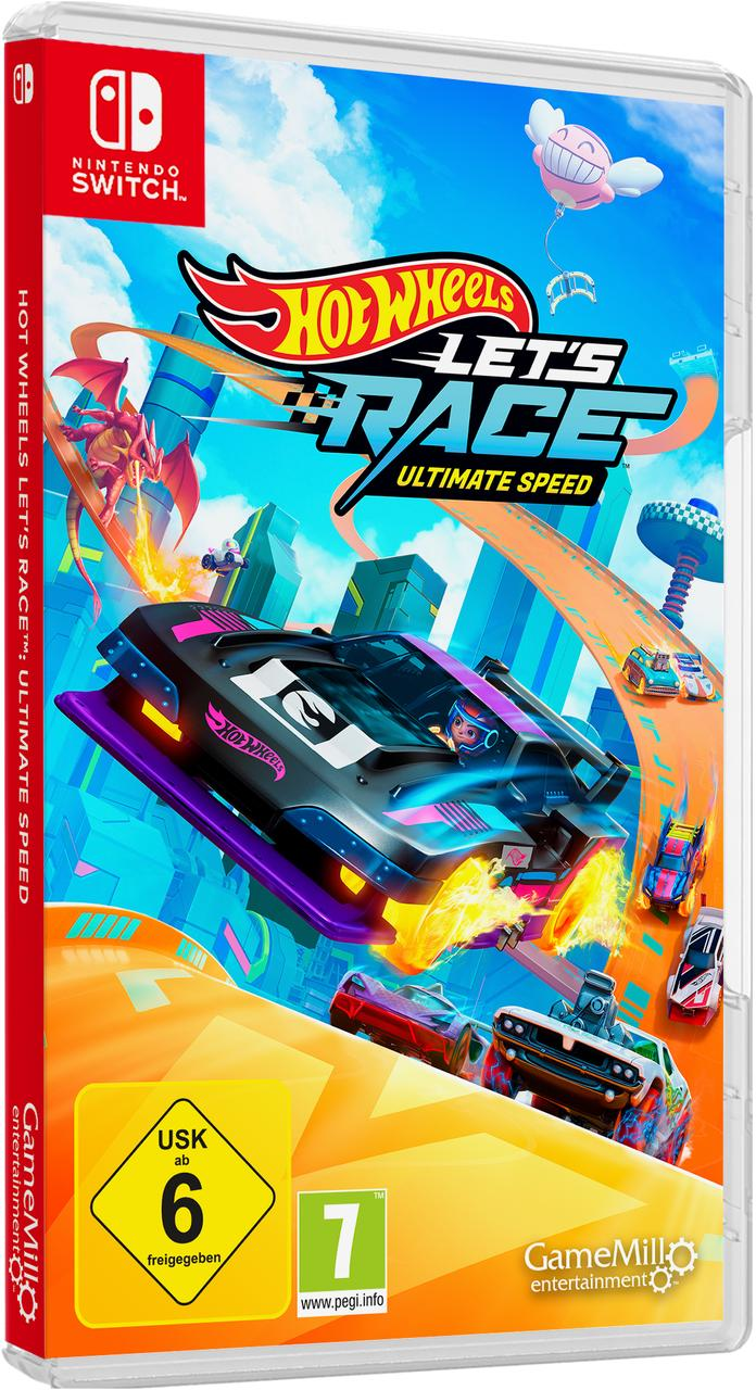 Ein Nintendo Switch-Spielcase. Es zeigt Hot Wheels Let's Race, mit einem Rennwagen, einem Drachen und anderen Autos im Hintergrund.