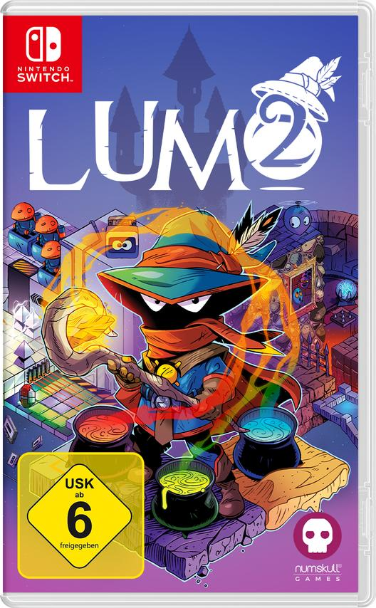 Lumo 2 Nintendo Switch Spielcover. Zeigt einen Zauberer mit einem leuchtenden Orb, Kessel und einen Burg-Hintergrund.