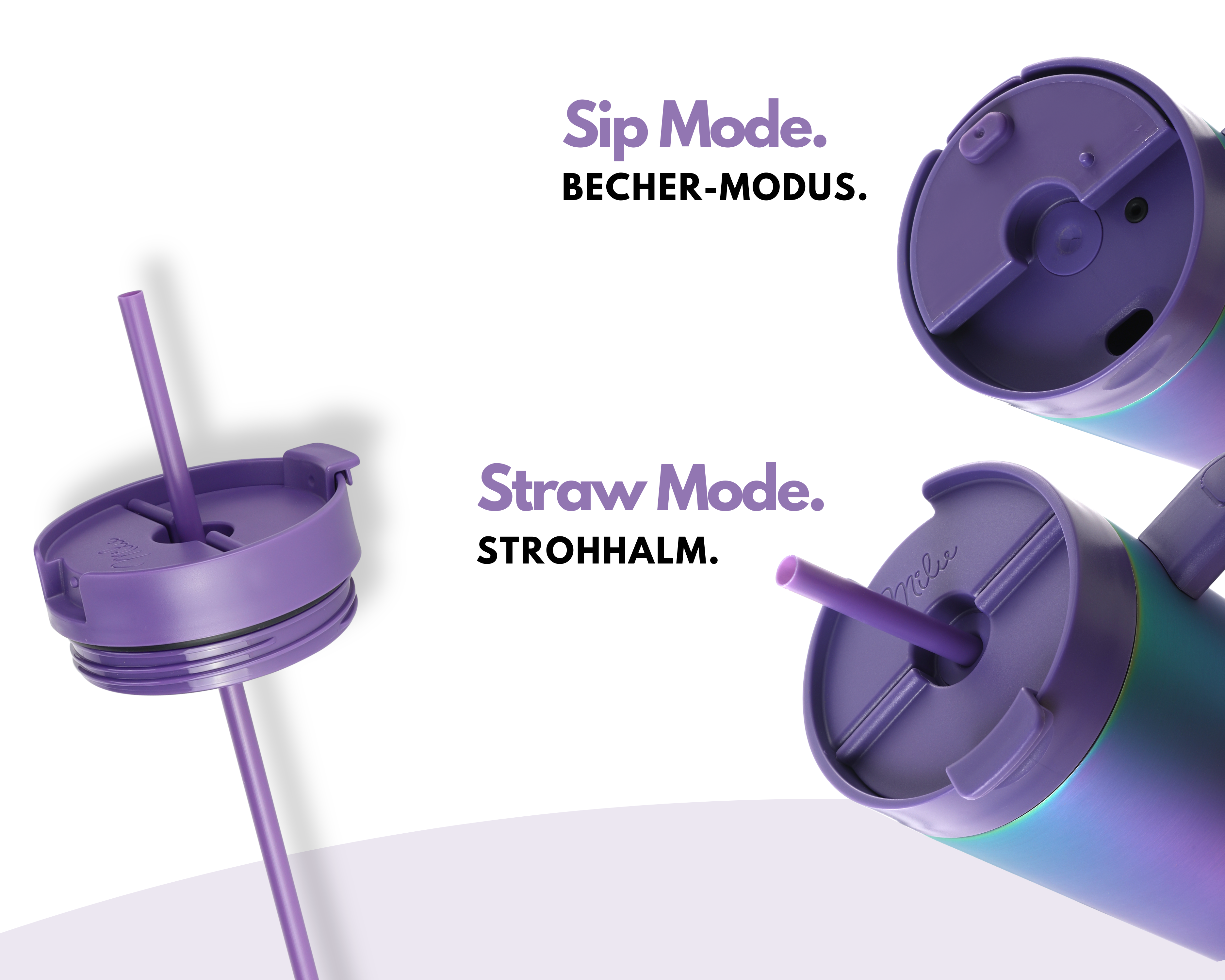Lila Becher mit Deckeln und Strohhalmen. Der Text lautet 'Sip Mode' und 'Straw Mode' auf Englisch und Deutsch.