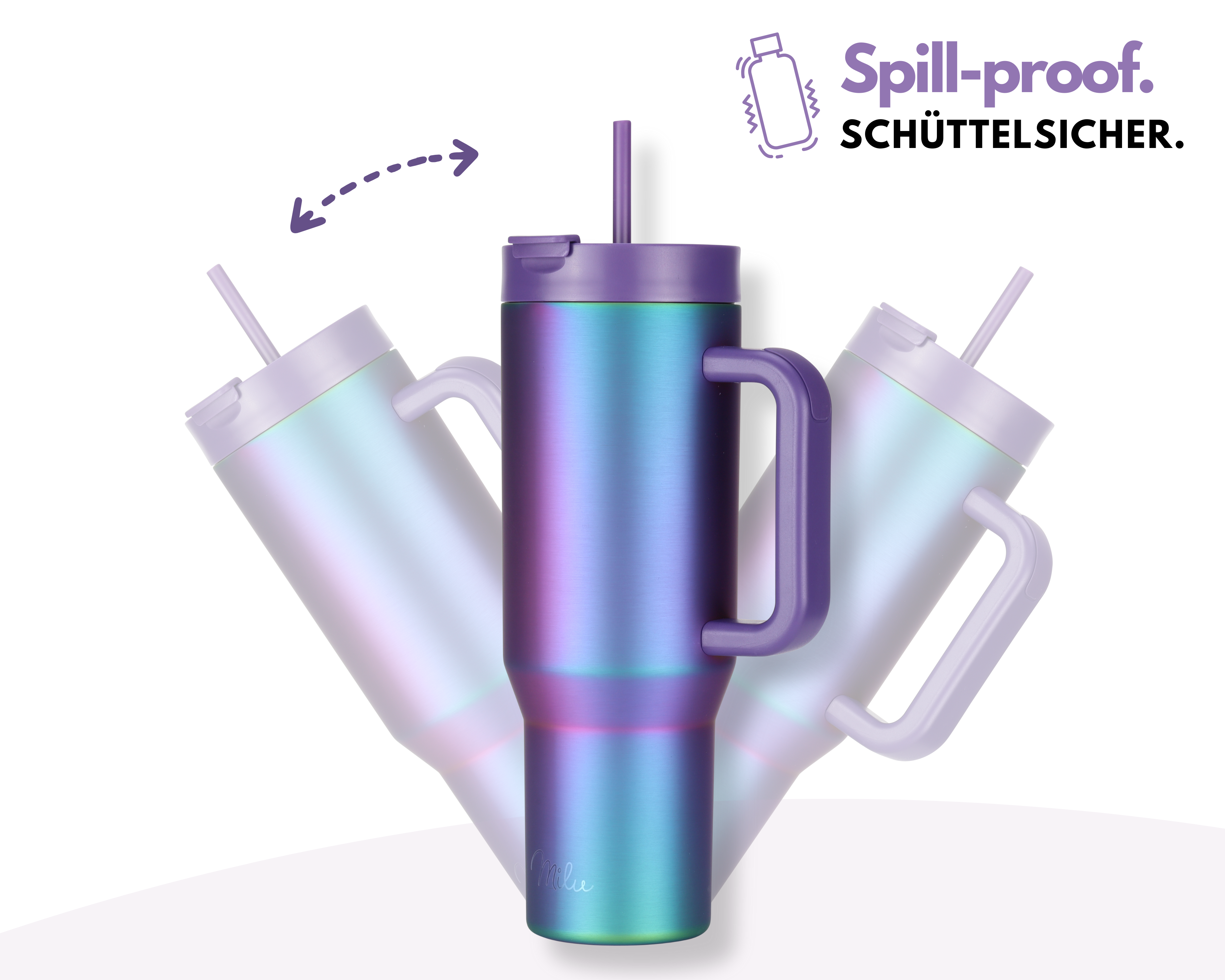 Ein auslaufsicherer Becher mit lila Griff und Deckel, schillerndem Finish und Strohhalm. Text lautet 'Spill-proof'.