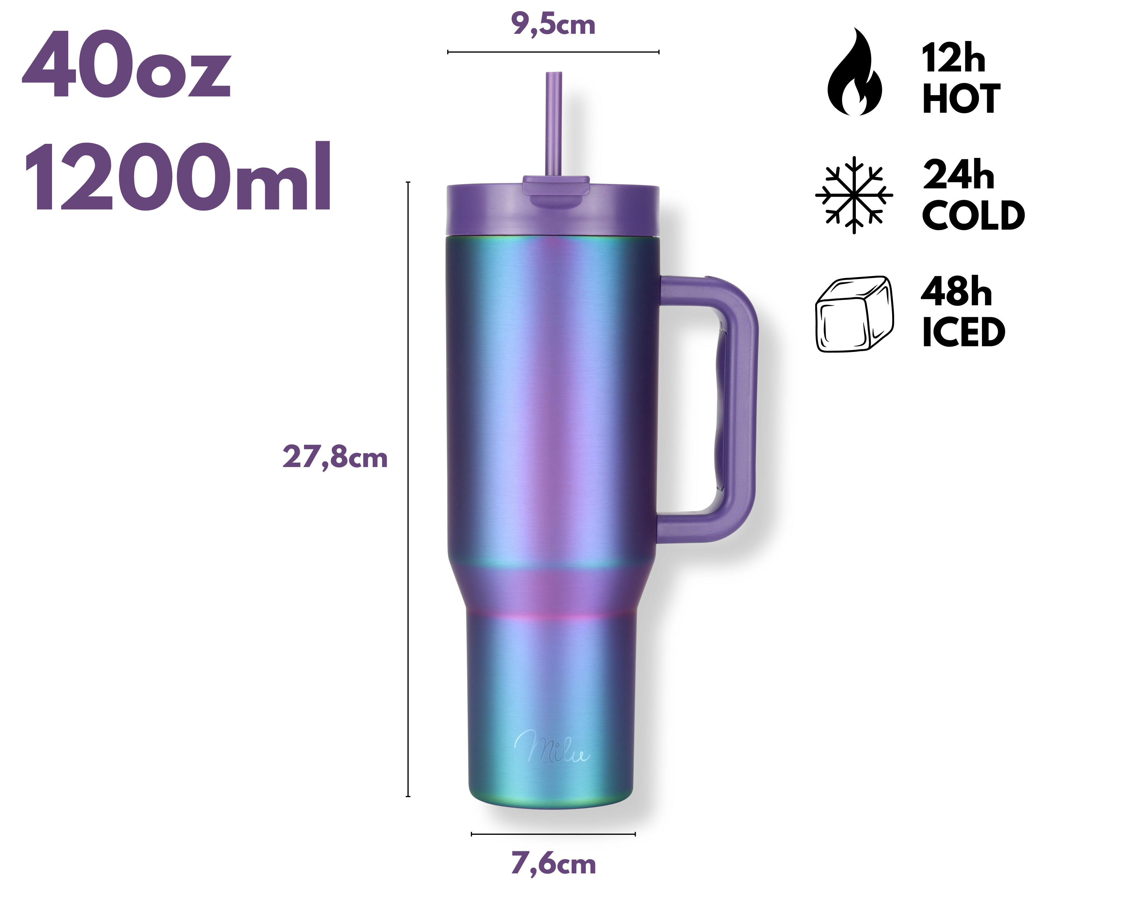 Ein lila-blauer, schillernder Becher mit Henkel und Strohhalm. Er fasst 40oz oder 1200ml. Er hält Getränke 12h heiß und 24h kalt, 48h eisgekühlt.