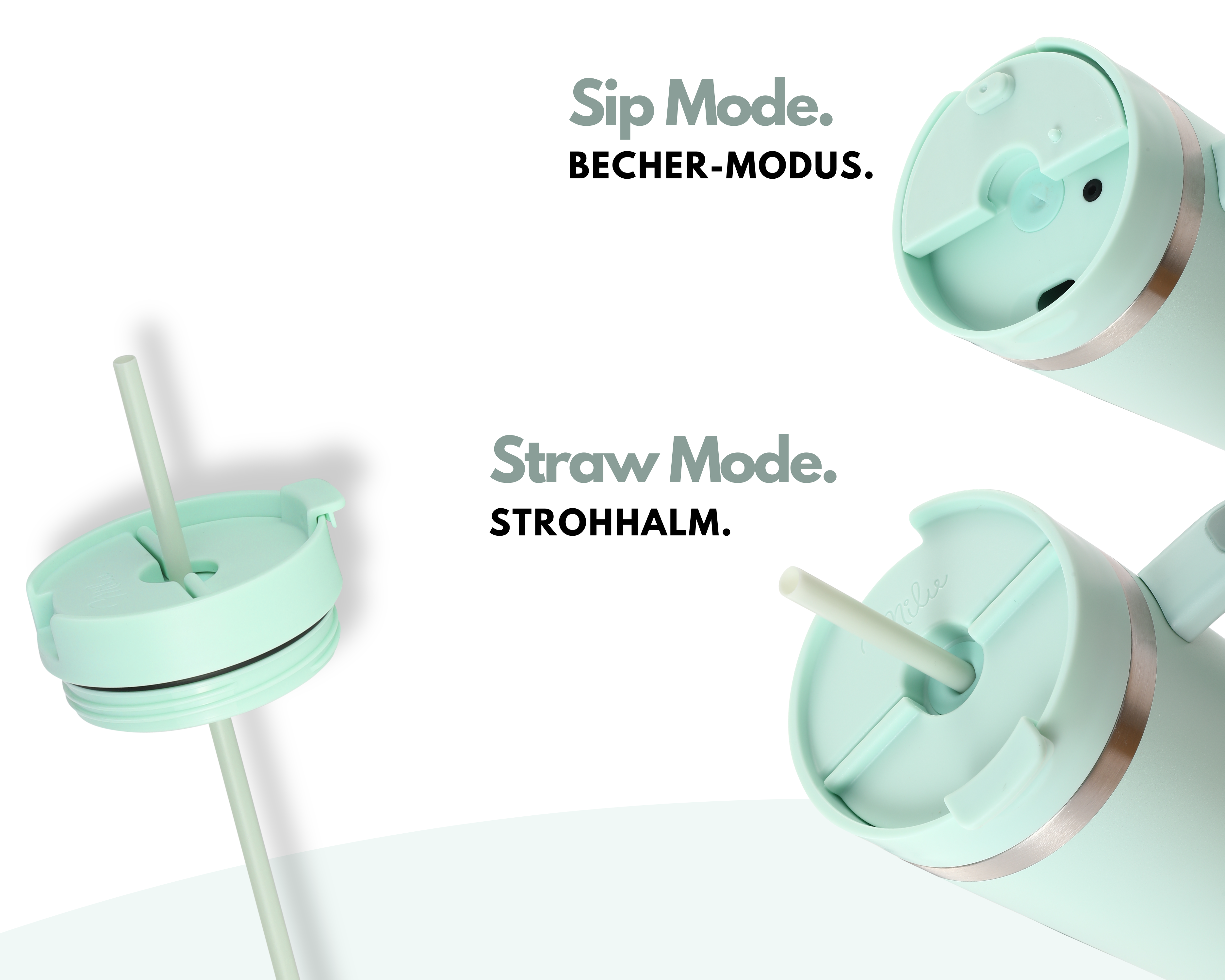 Minzgrüne Wasserflaschendeckel und Strohhalme. Der Text lautet 'Sip Mode' und 'Straw Mode'. Weißer Hintergrund.