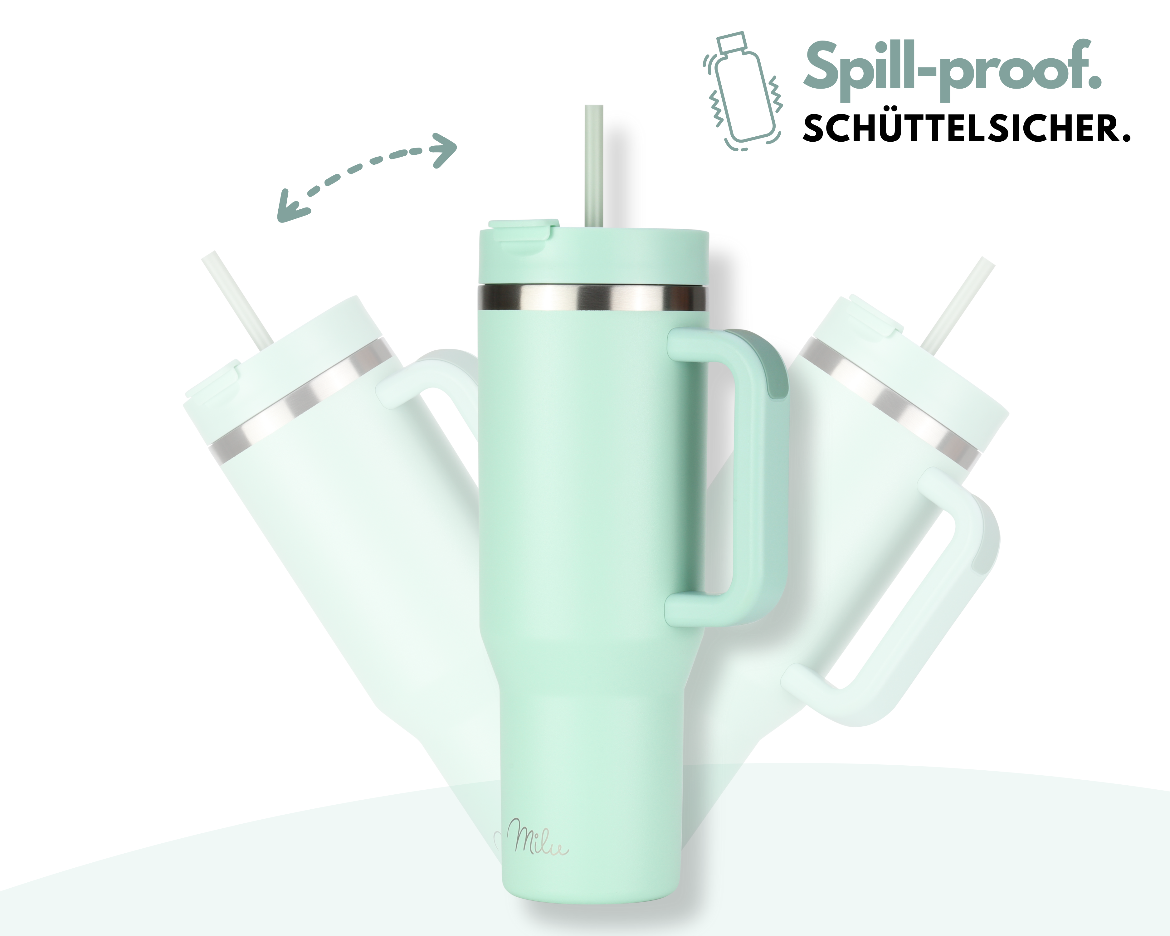 Ein mintgrüner, auslaufsicherer Becher mit Griff und Strohhalm. Der Becher wird in drei Positionen vor weißem Hintergrund gezeigt.