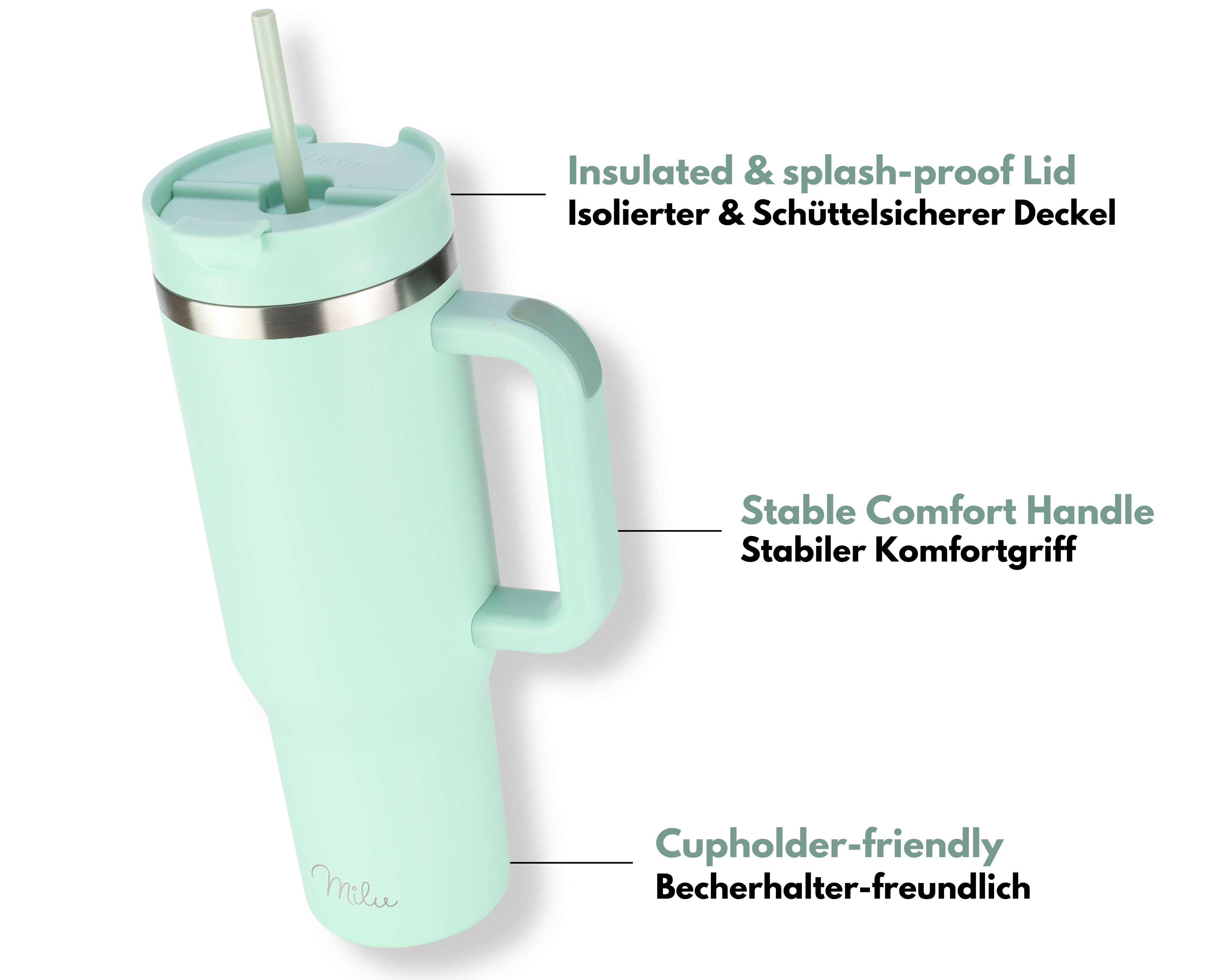Ein türkisfarbener Becher mit Griff und Strohhalm, gekennzeichnet mit Merkmalen wie isoliertem Deckel und becherhalterfreundlichem Design.