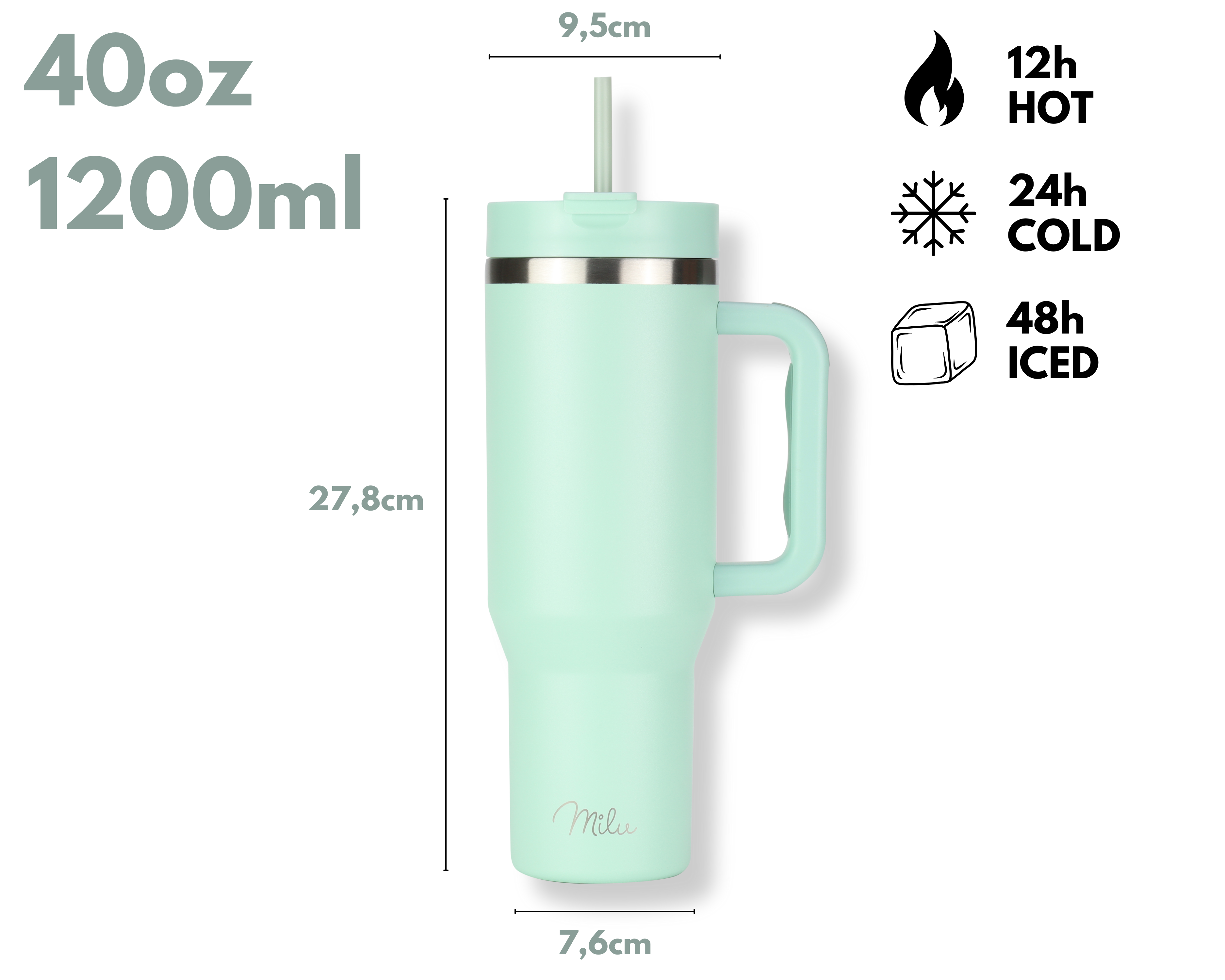 Ein mintgrüner isolierter Becher mit Griff, Strohhalm und Maßen. Er hält Getränke 12h heiß, 24h kalt und 48h eisgekühlt.