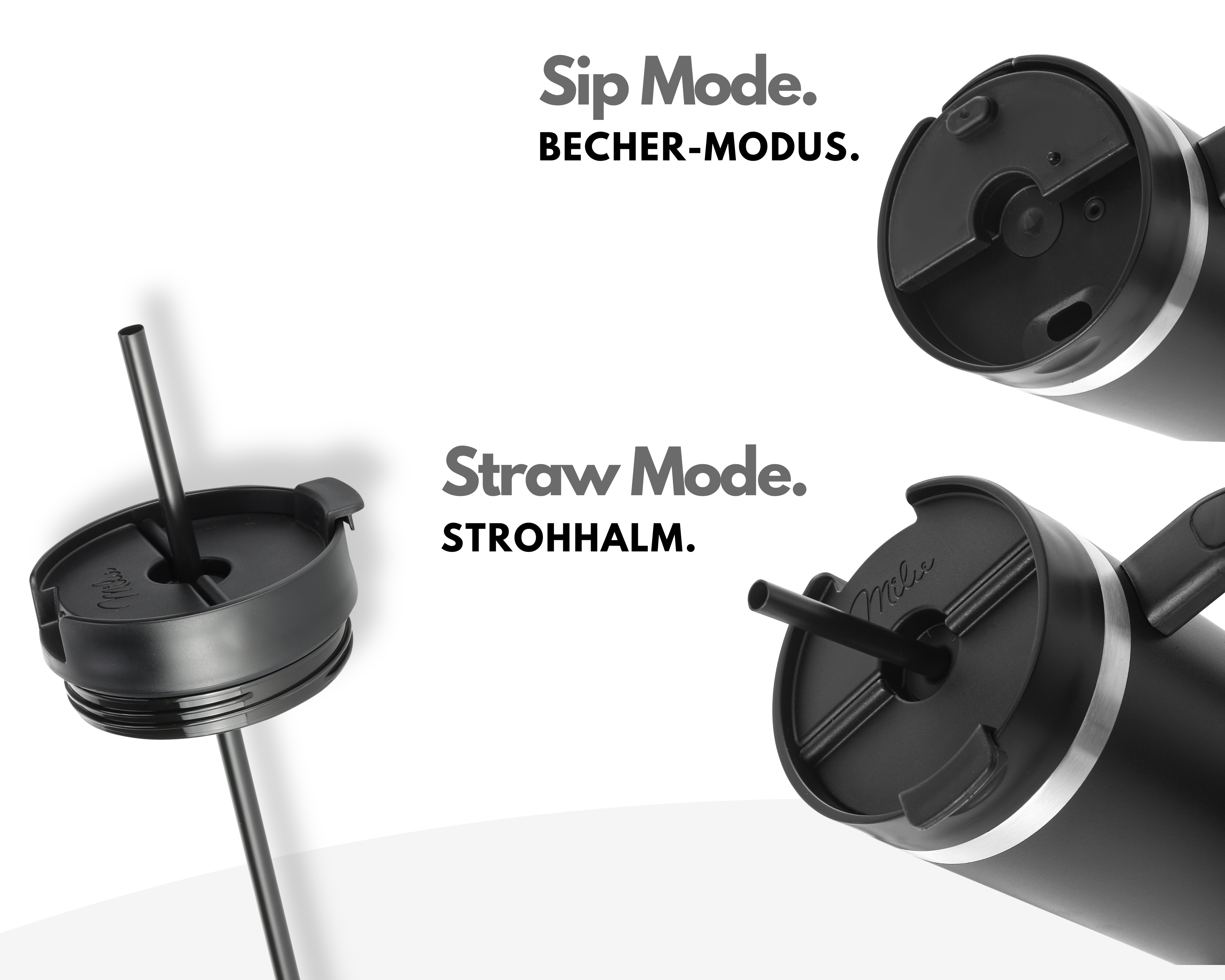 Schwarze Becher mit Deckeln, einer mit Strohhalm, andere Deckel offen. Text: 'Sip Mode' und 'Straw Mode'.
