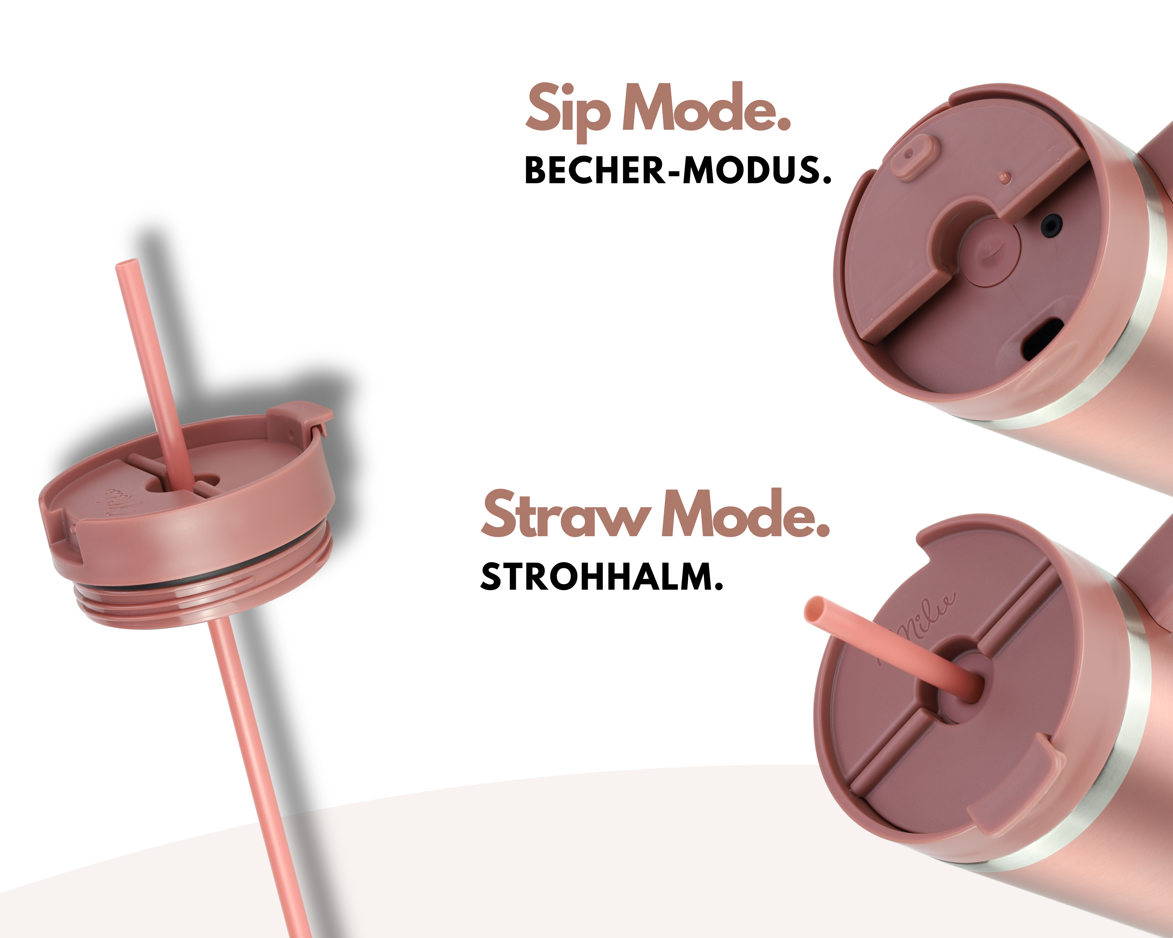 Roségoldener Becher mit Deckel, Strohhalm und Text 'Sip Mode' und 'Straw Mode'.