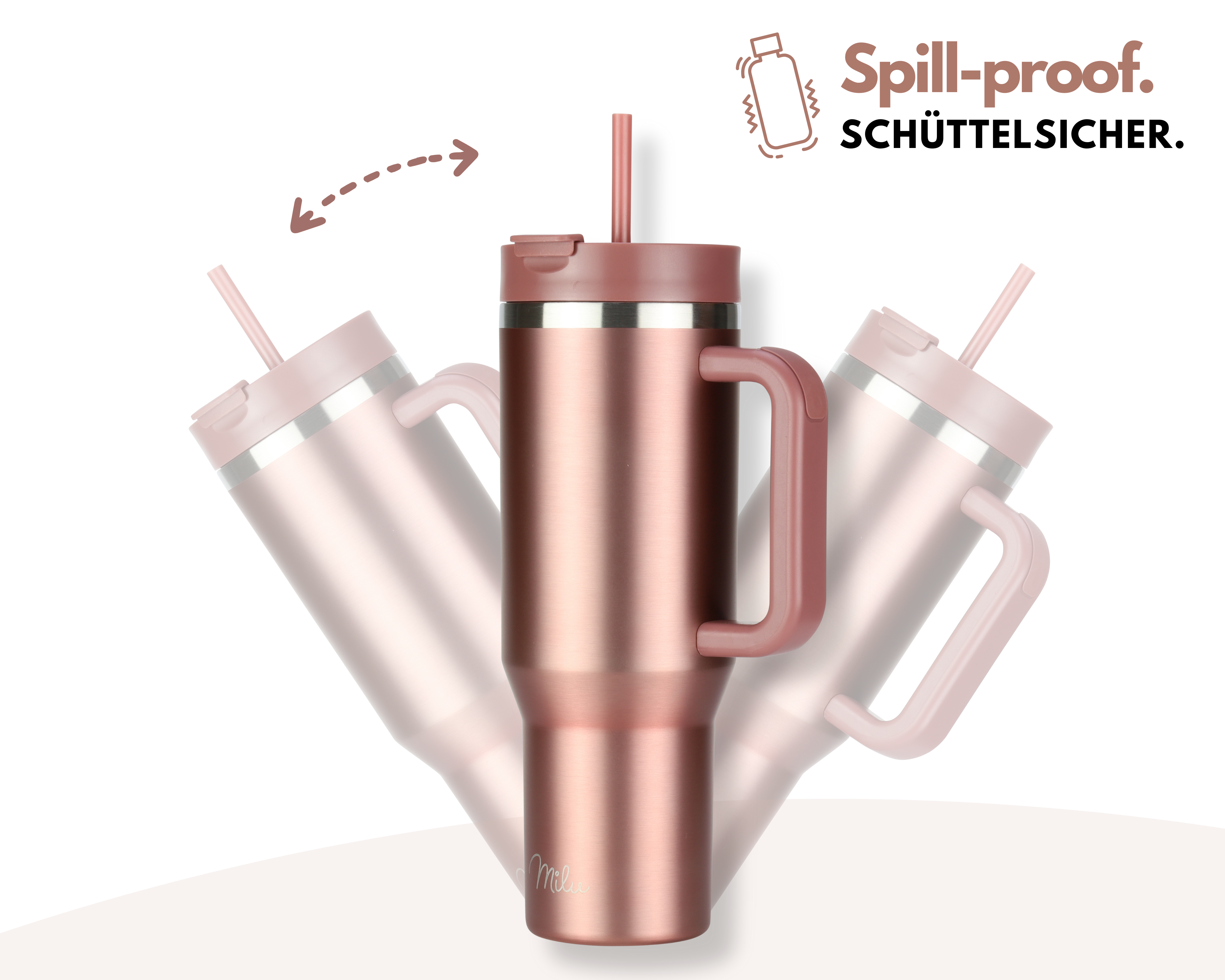 Ein roségoldener Becher mit Griff und Strohhalm, darüber der Text 'Spill-proof'.