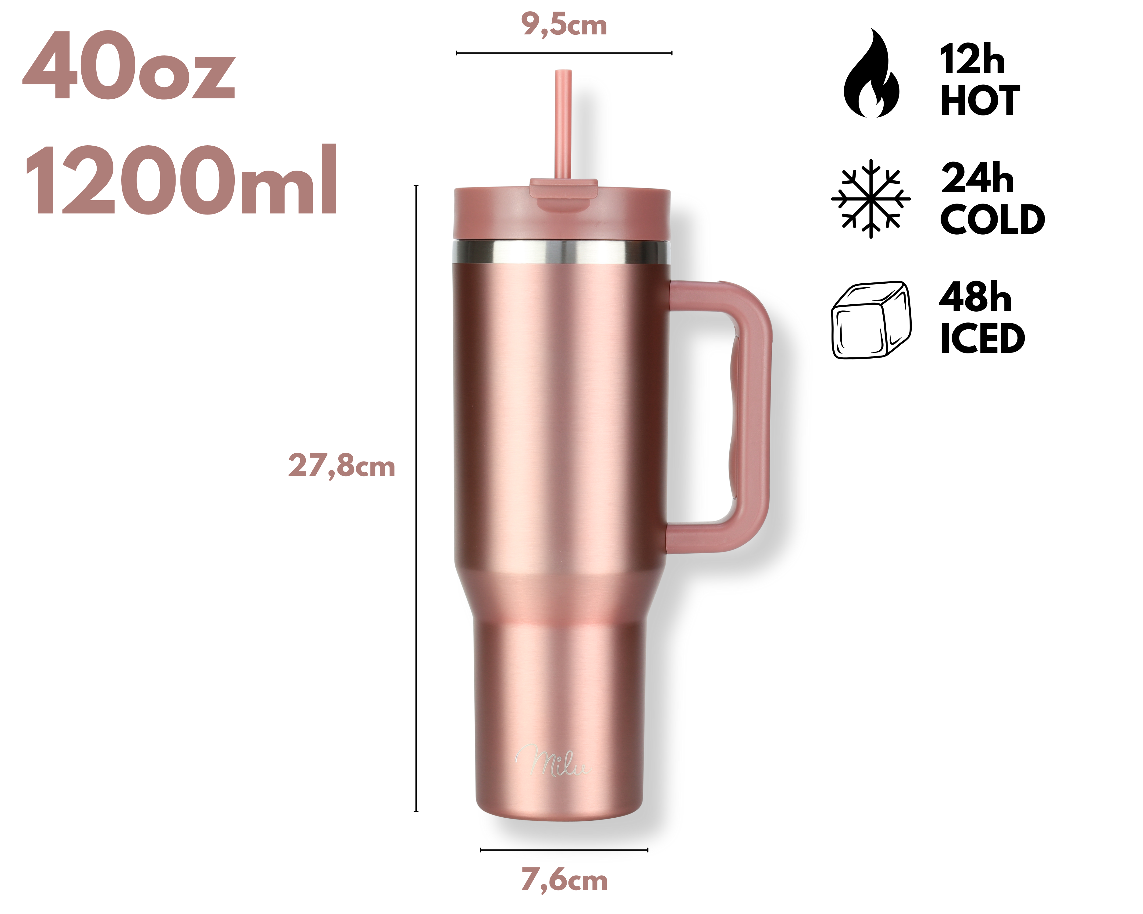 Roségoldfarbener isolierter Becher mit Griff und Strohhalm. Text: 40oz, 1200ml. Hält 12h heiß, 24h kalt, 48h vereist.