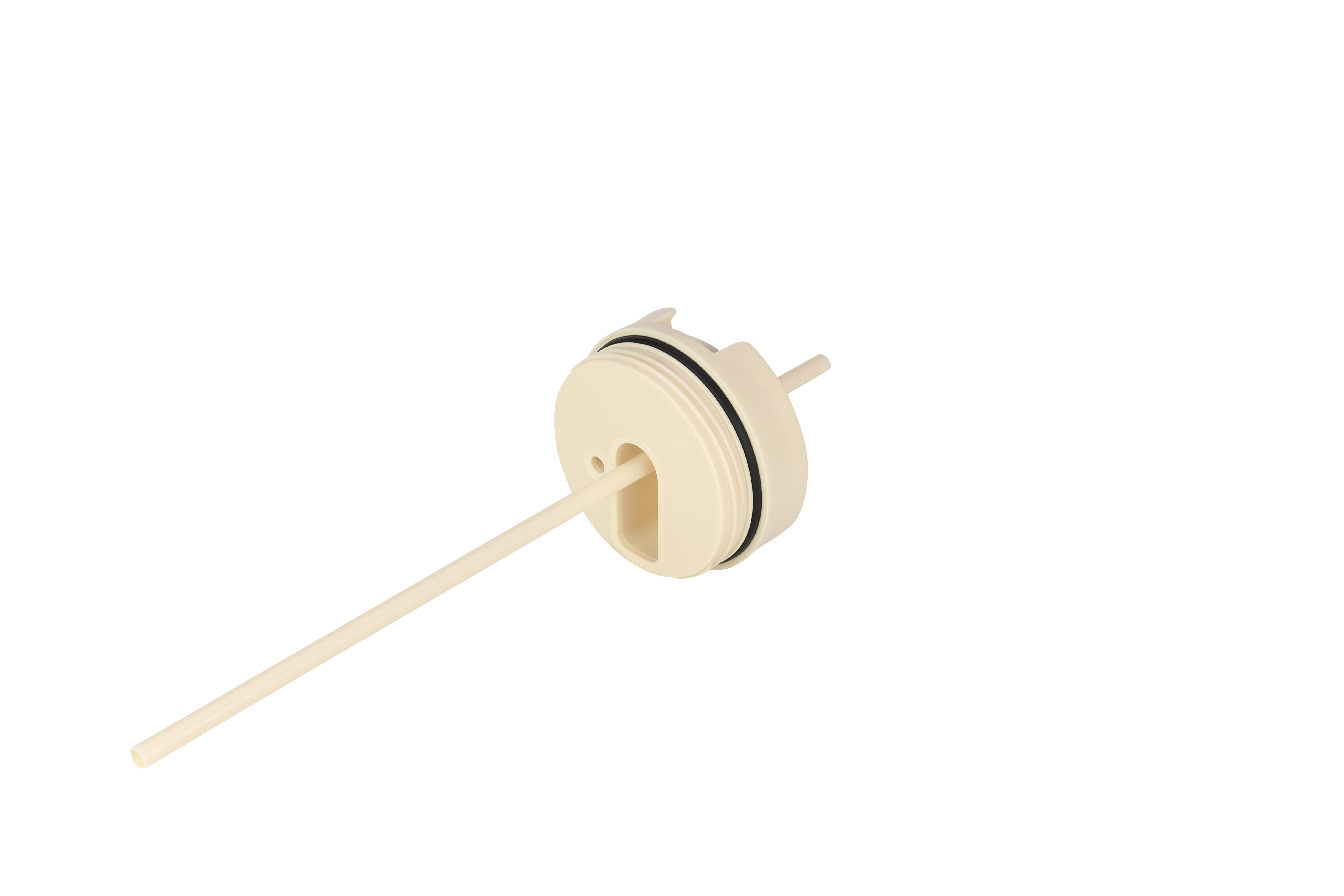 Eine beige Kunststoffkomponente mit einem Stab. Es hat einen kreisförmigen Körper mit schwarzen Ringen und einem Vorsprung.