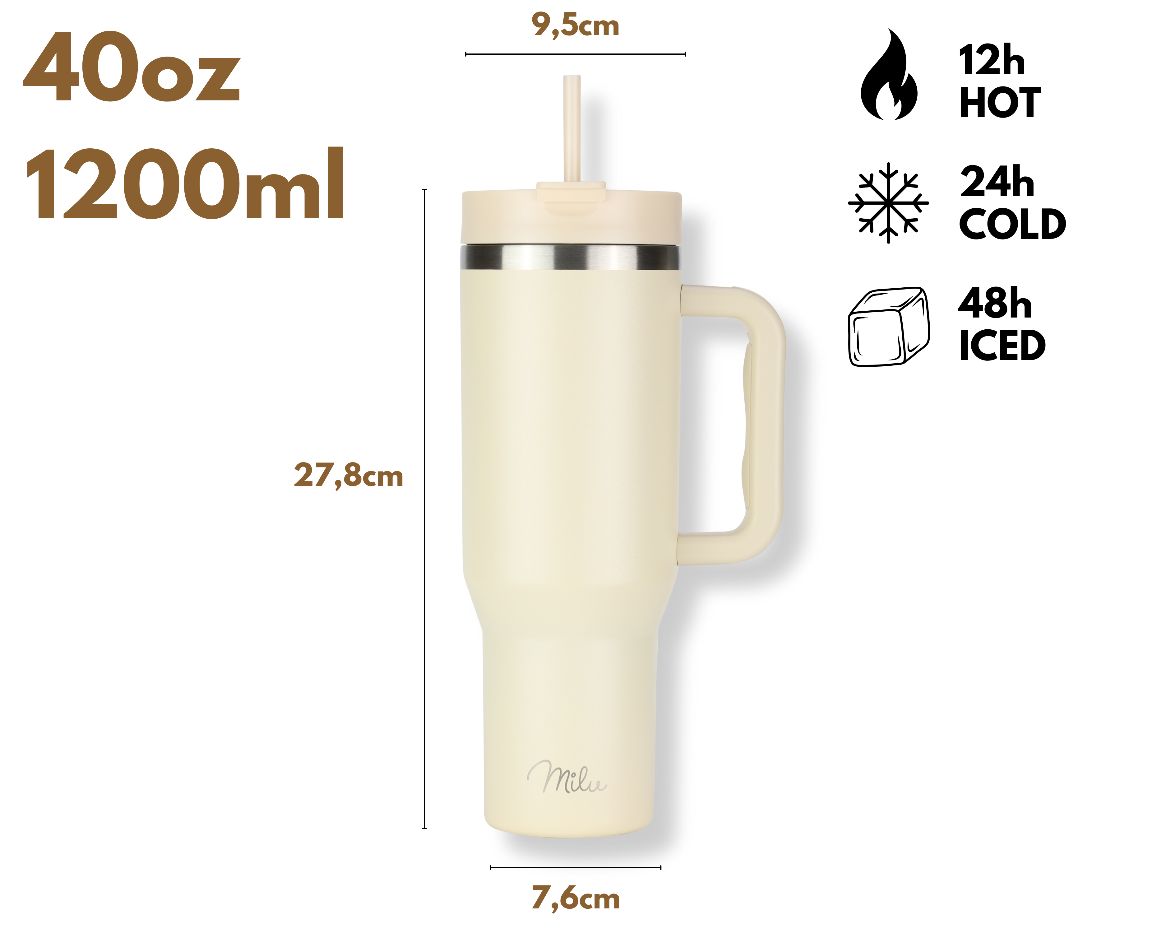 Cremefarbener isolierter Becher mit Griff und Strohhalm. Text: 40oz, 1200ml, 12h heiß, 24h kalt und 48h Eis.