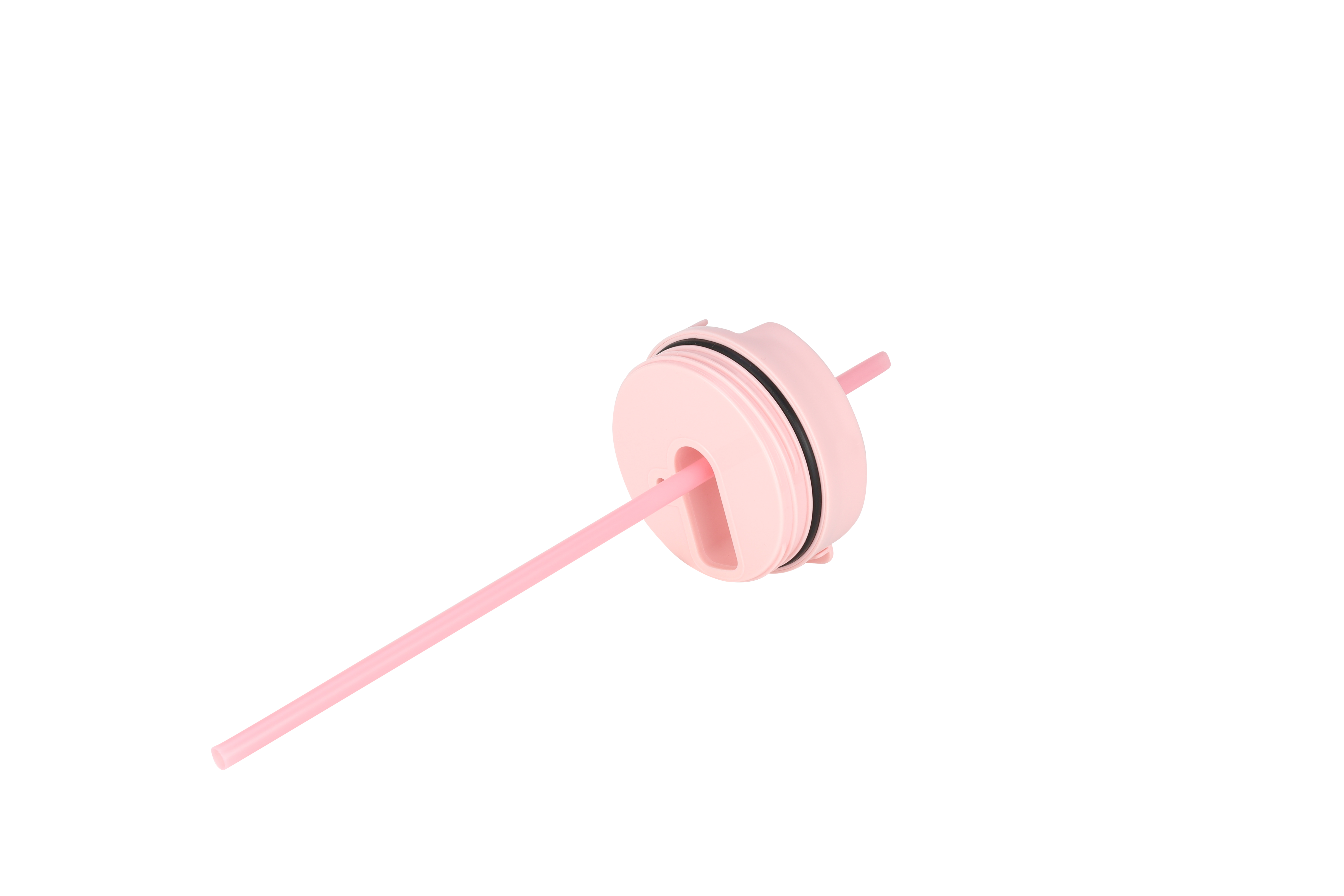 Ein rosa Trinkbecherdeckel mit Strohhalm vor schwarzem Hintergrund.