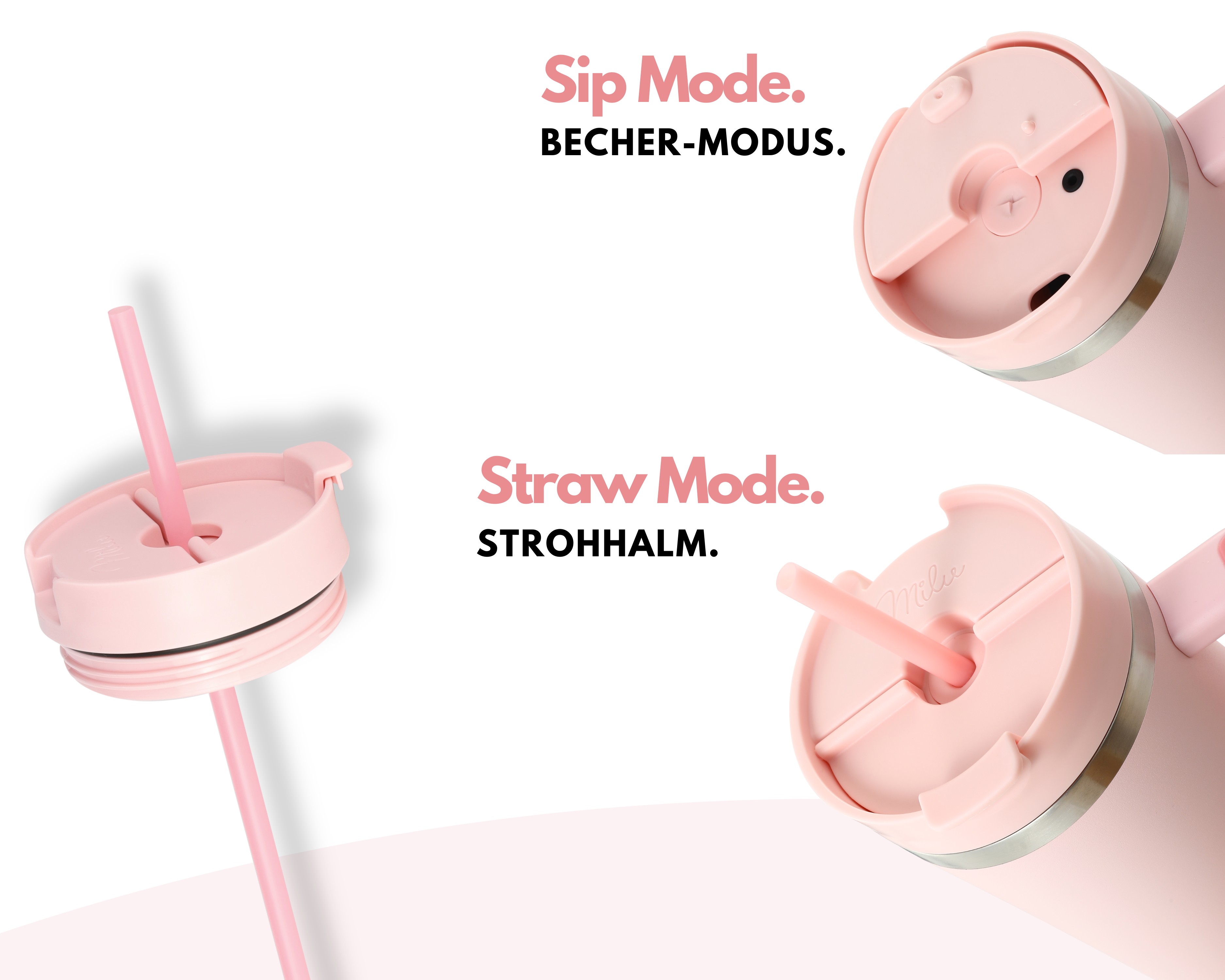 Optionen für rosa Wasserflaschen: Trinkmodus und Strohhalmmodus. Weißer Hintergrund mit Text.