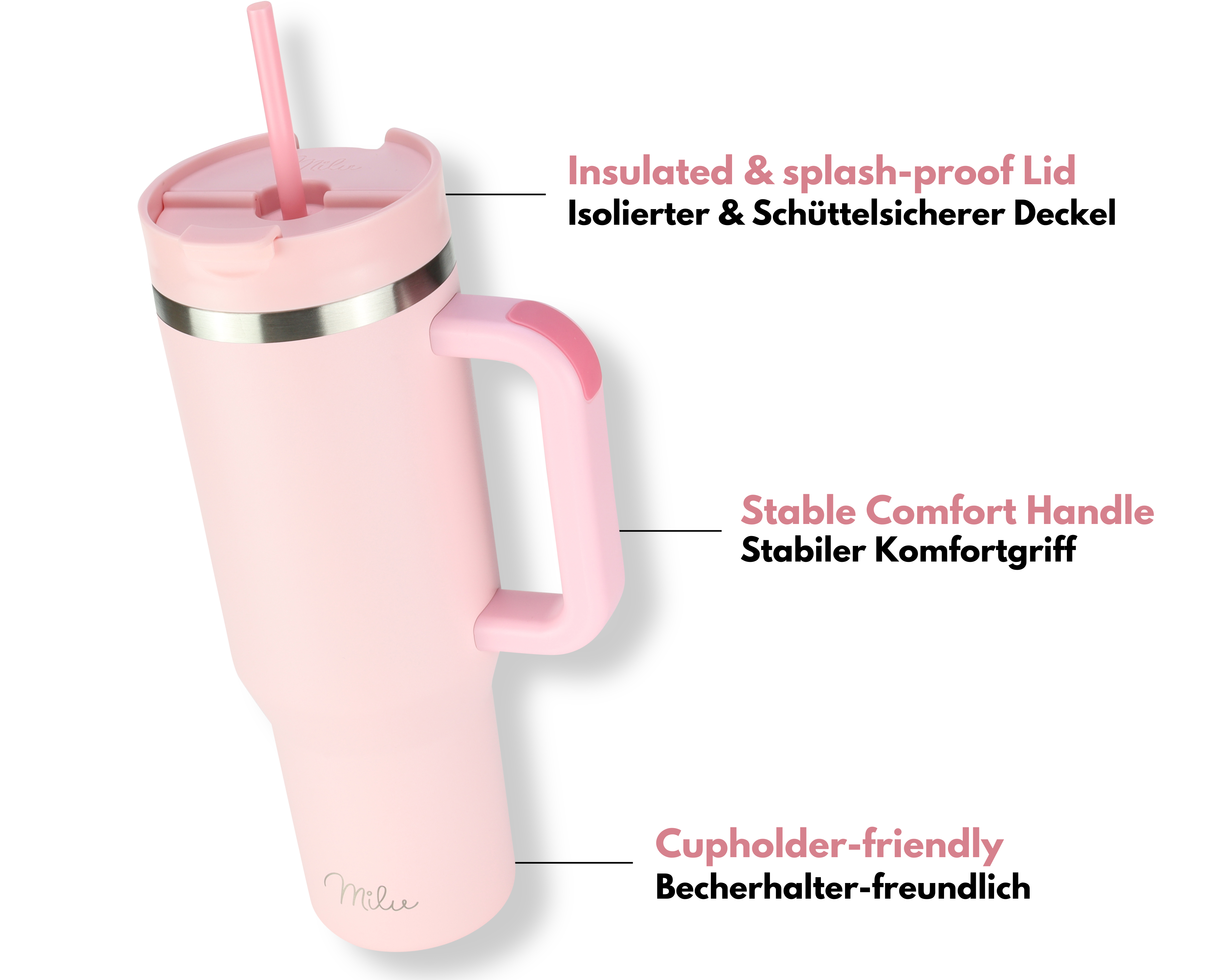 Ein rosa isolierter Becher mit Henkel und Strohhalm, gekennzeichnet mit Eigenschaften wie einem spritzwassergeschützten Deckel.