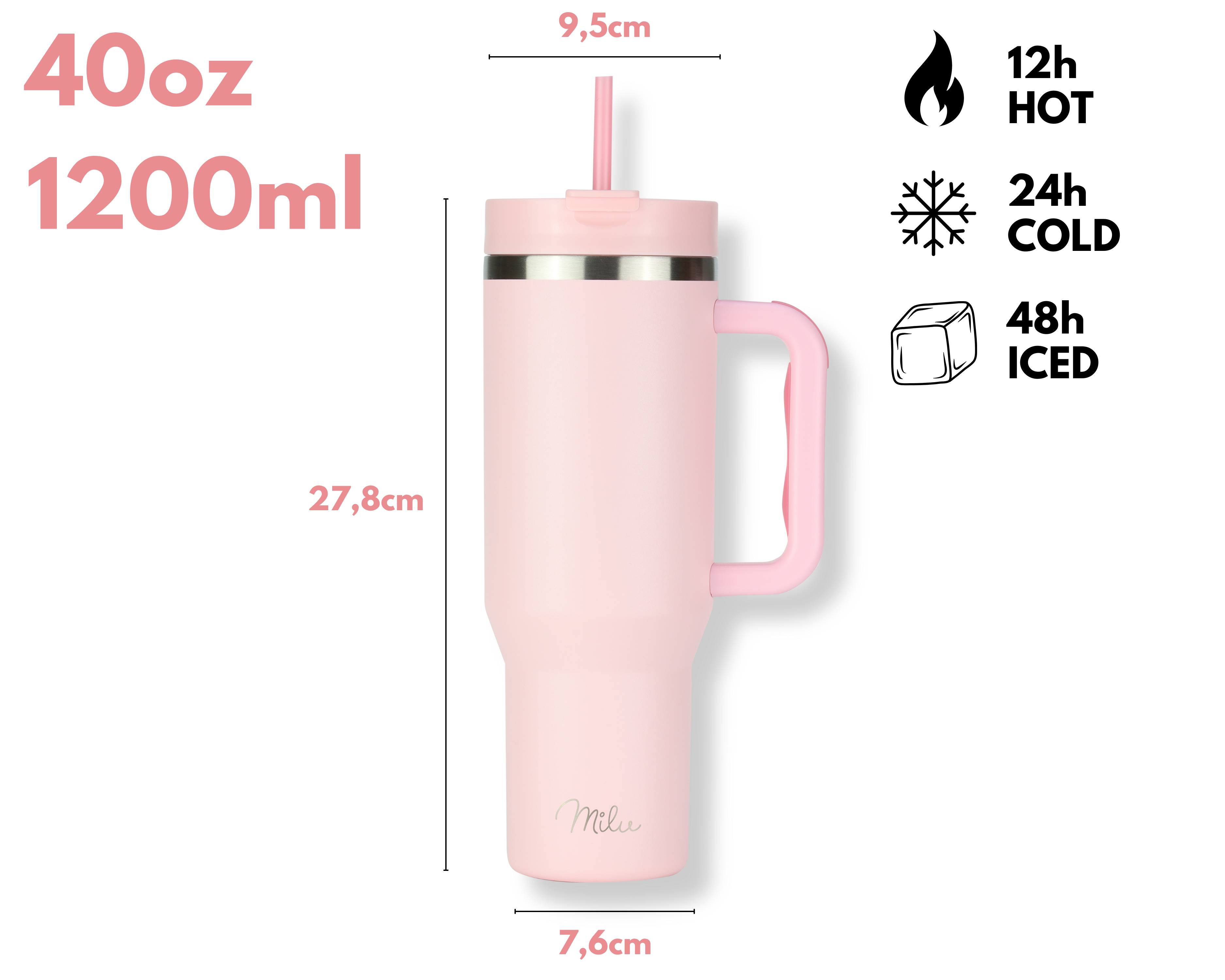 Rosa isolierter Becher mit Strohhalm. Merkmale 40oz, 1200ml Fassungsvermögen, 12h heiß, 24h kalt und 48h vereist. Abmessungen.