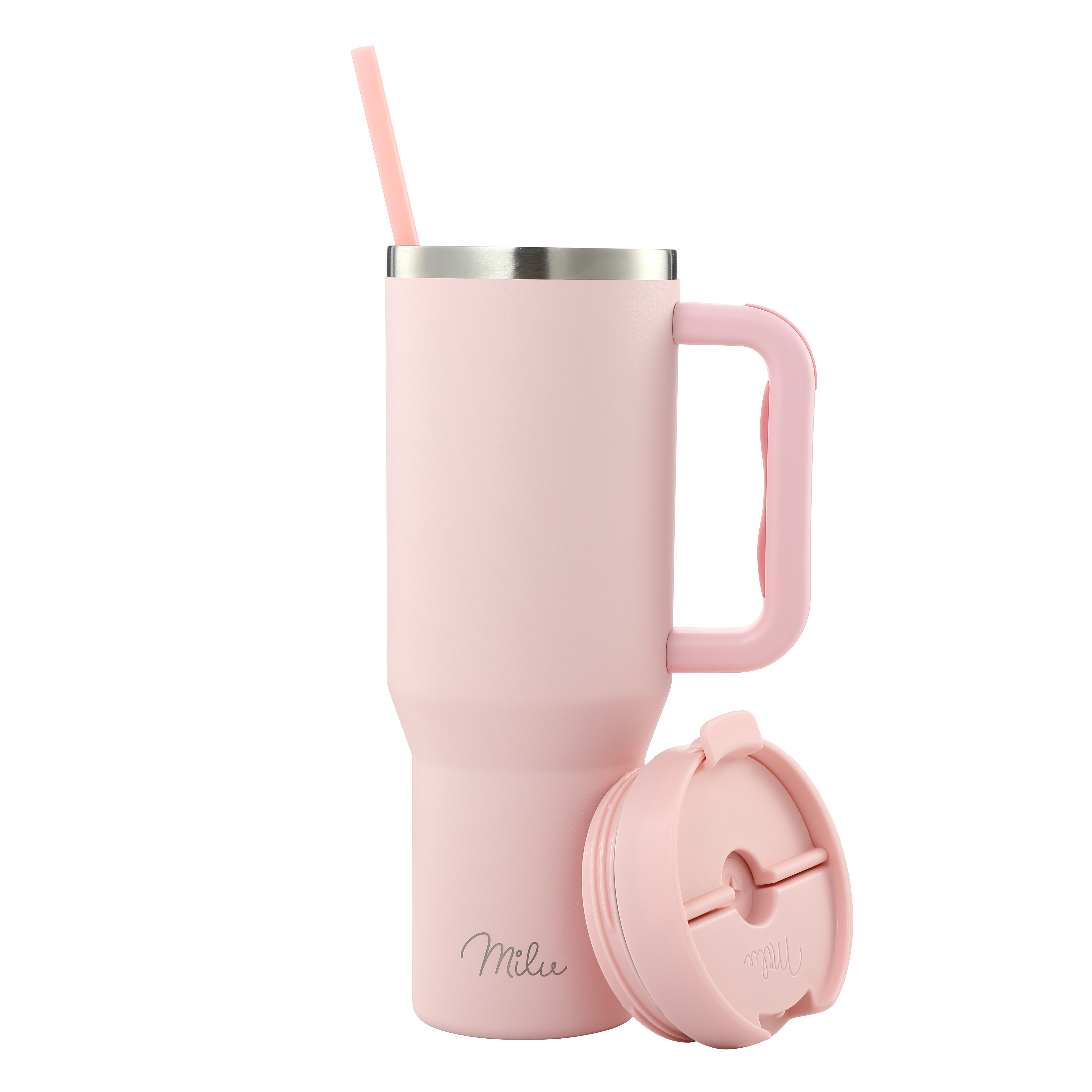 Ein rosa Becher mit Strohhalm und Griff. Der Deckel ist separat. Der Hintergrund ist schwarz.