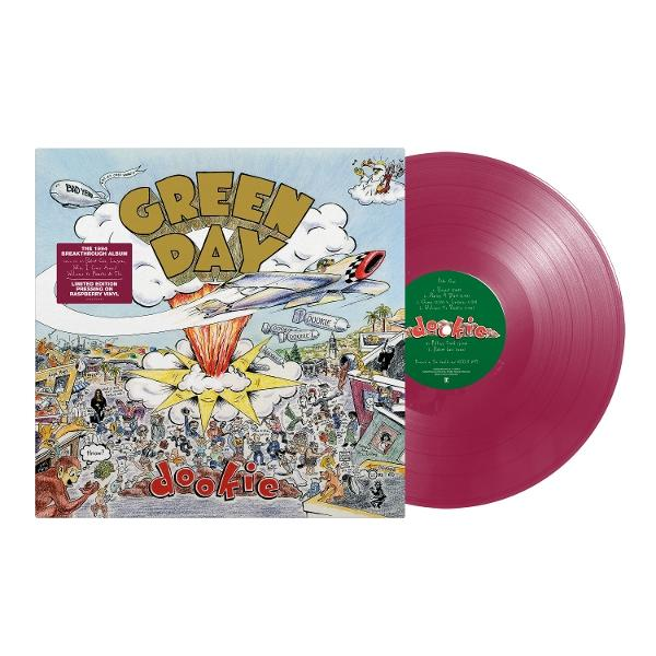 A Green Day Dookie című albumának borítója egy rajzolt jelenettel és egy piros bakelit lemezzel. A borítón egy repülőgép, robbanás és tömeg látható.