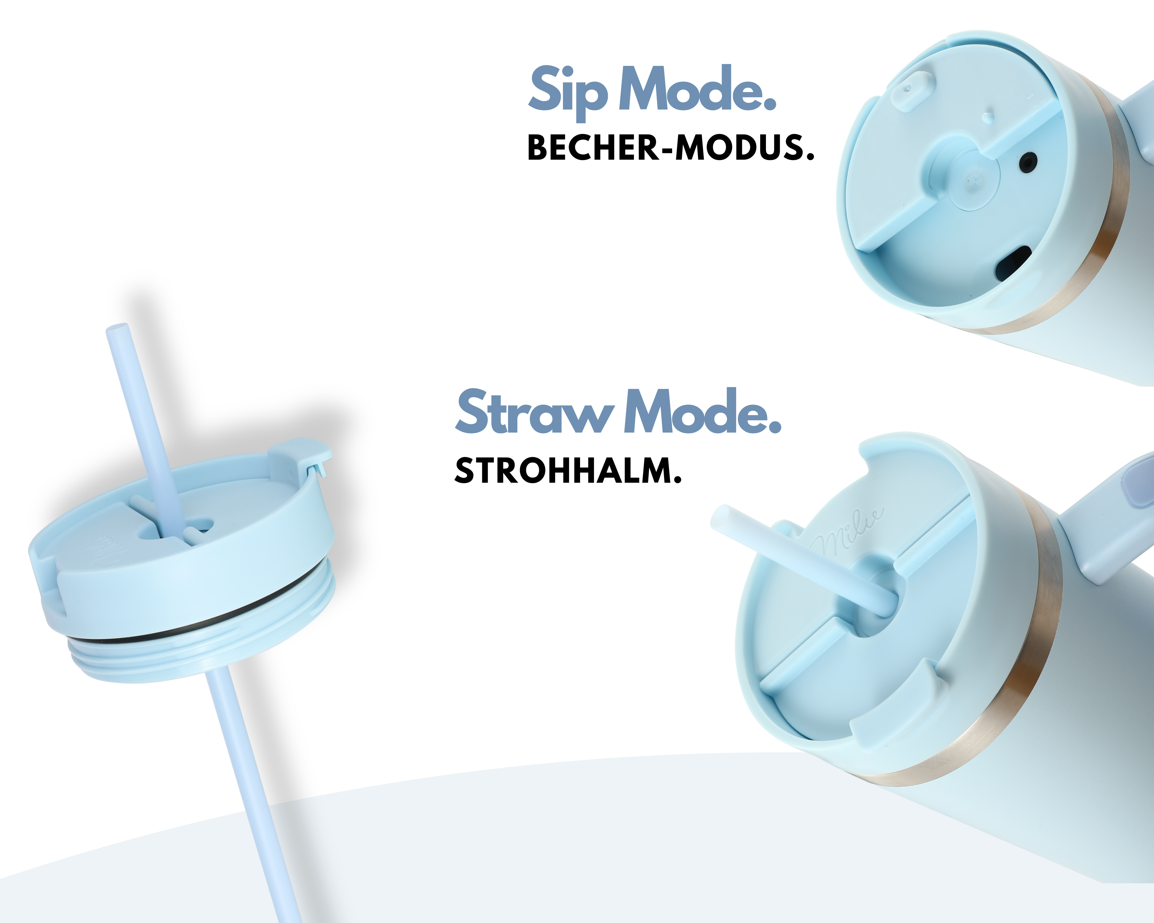 Eine hellblaue Wasserflasche mit Strohhalm. Text sagt Trinkmodus und Strohhalmmodus.