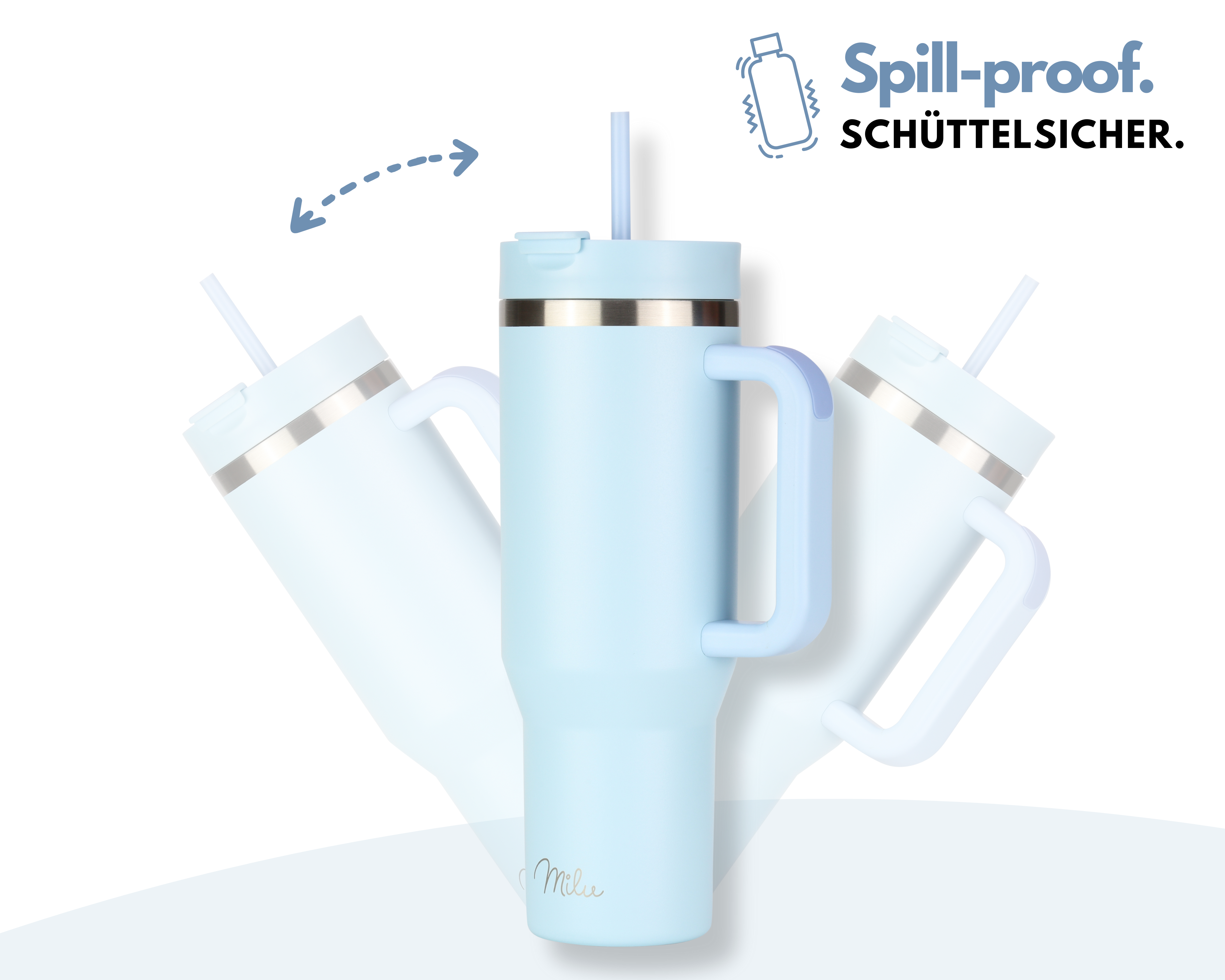 Hellblauer auslaufsicherer Becher mit Henkel und Strohhalm. Text: 'Spill-proof.' und 'SCHÜTTELSICHER.'