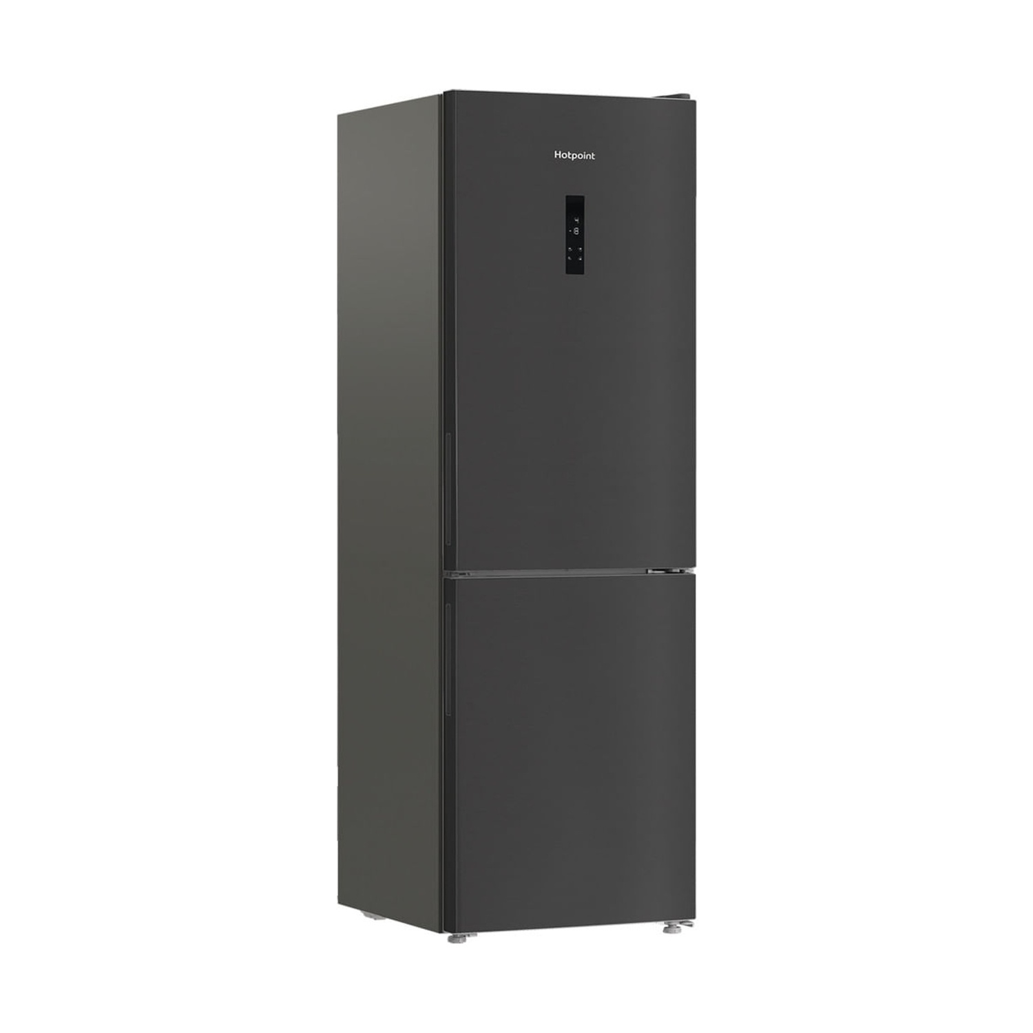 Un frigorifero Hotpoint nero su sfondo bianco. Ha due porte e un display digitale. Il marchio è visibile.